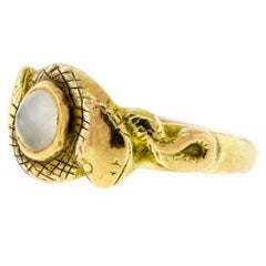 Rare Antique Moonstone Double Snake 14 Karat Yellow Gold Ring