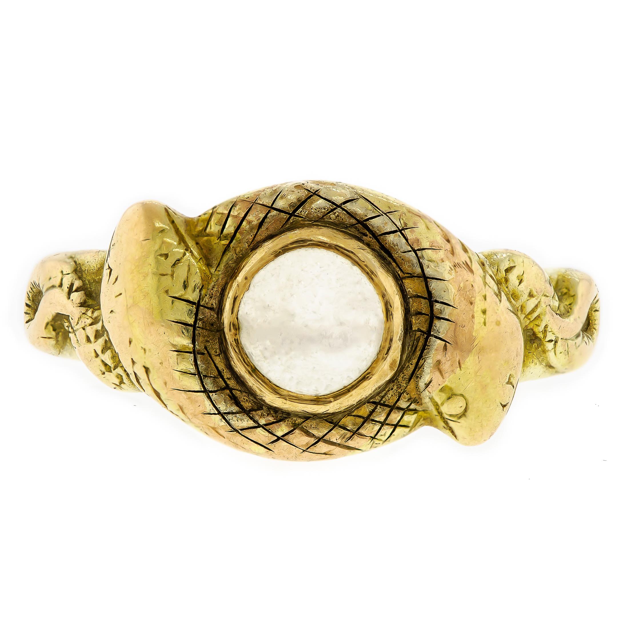 Rare Antique Moonstone Double Snake 14 Karat Yellow Gold Ring For Sale