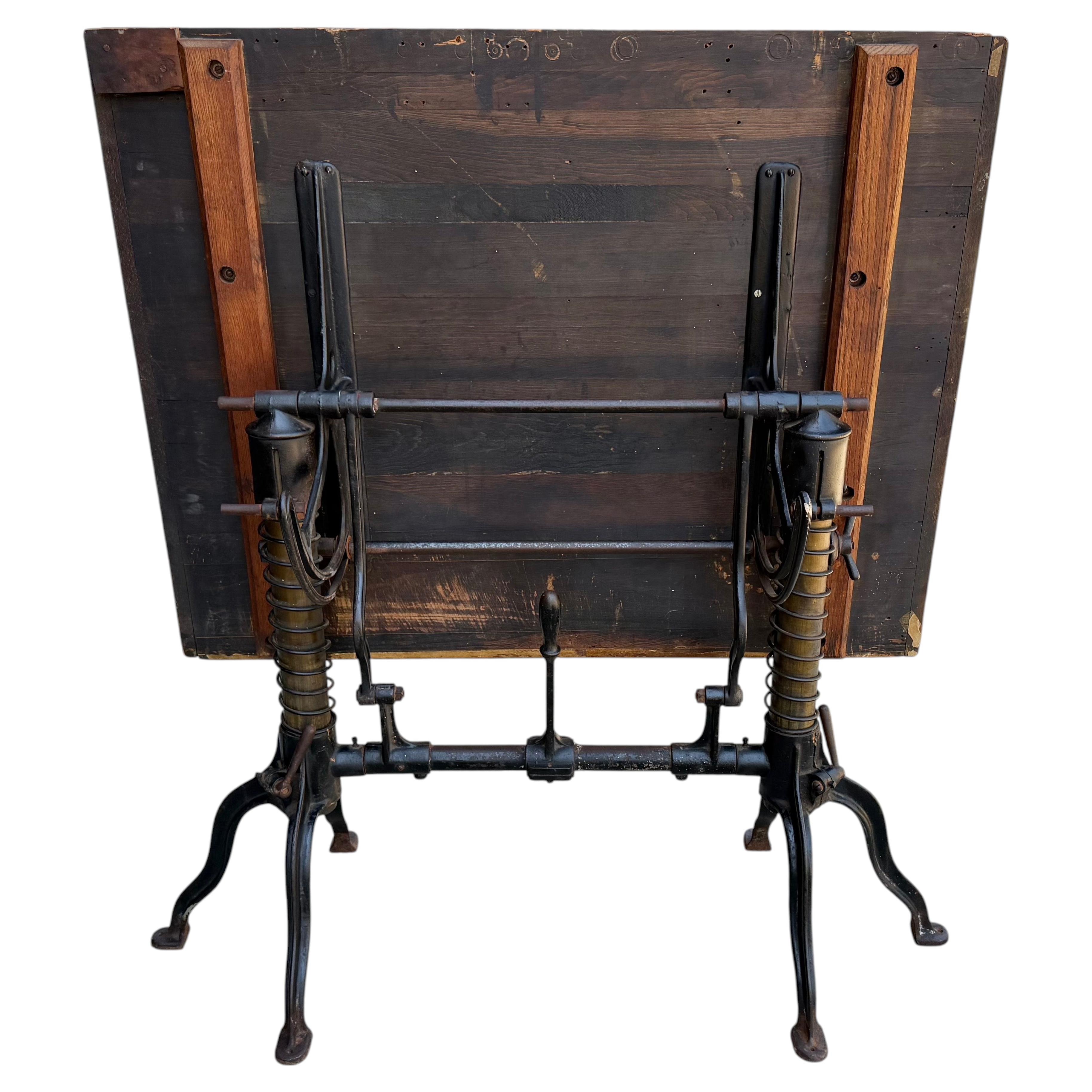 Rare Antique Morse Cast Iron Industrial , Brass and wood Drafting/Drawing Table