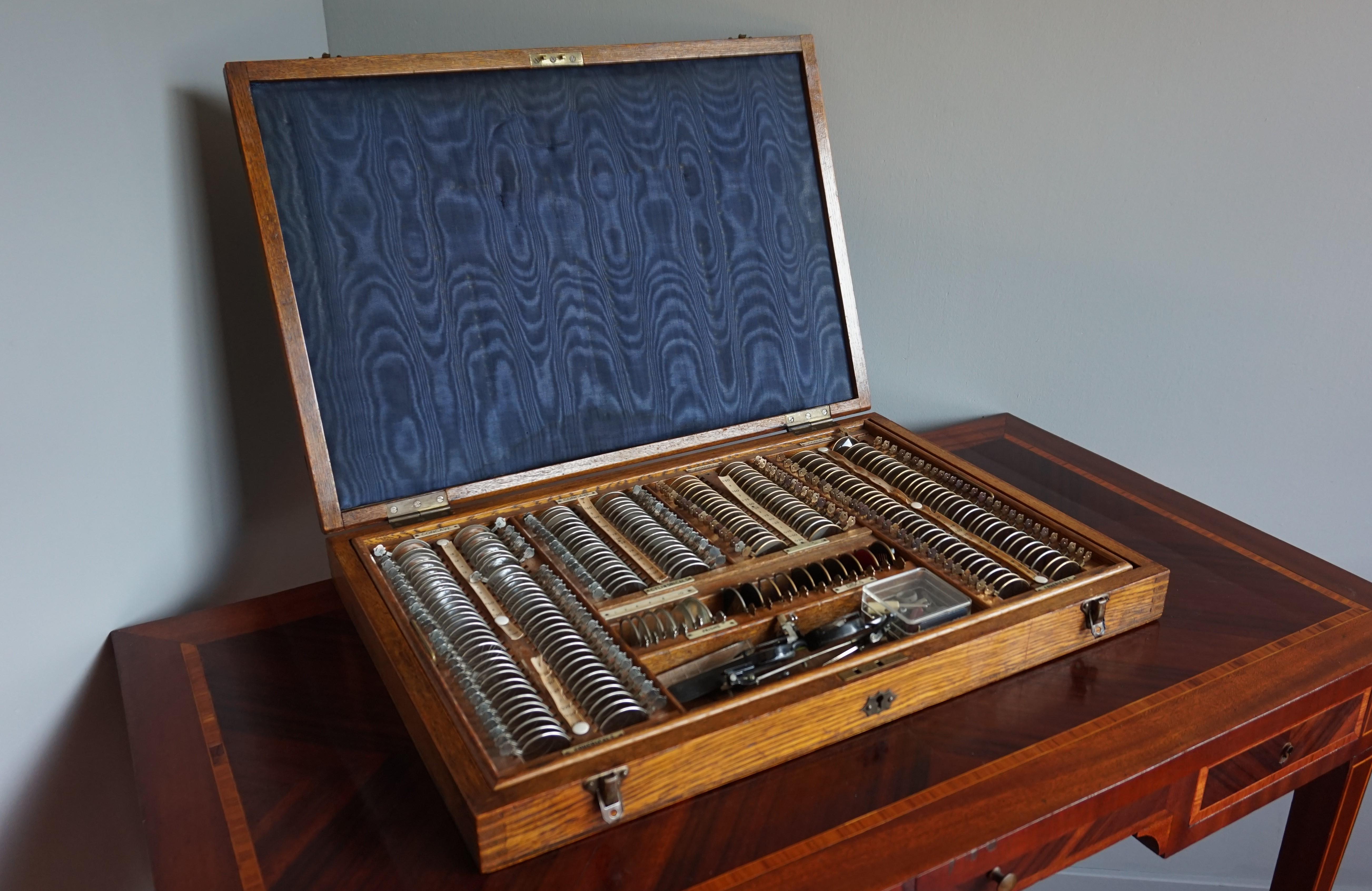 Rare Antique Oakwood Case with Optician Instruments for Eyesight Measurement 1
