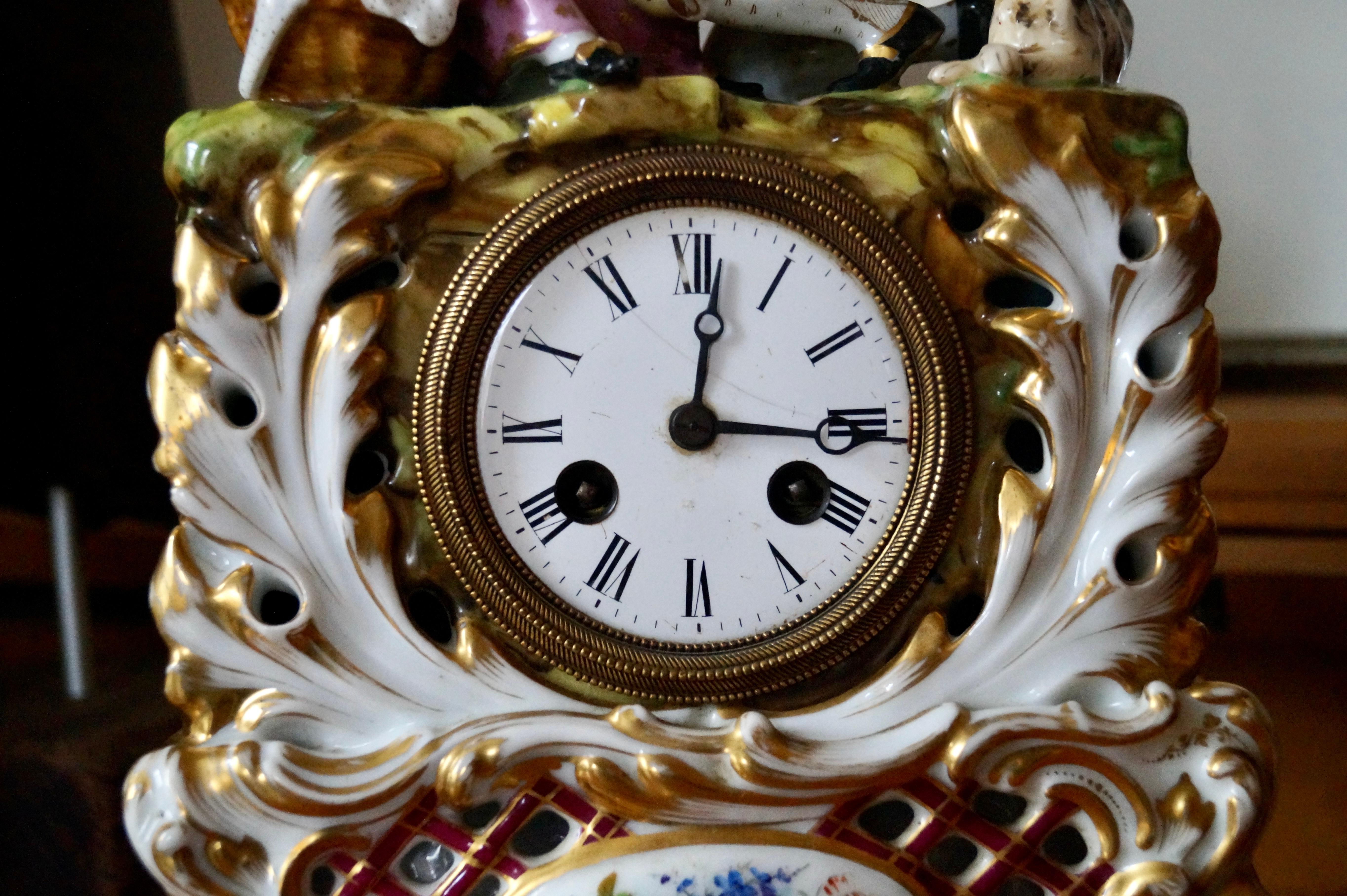 French Rare Antique Old Paris Porcelain - Porcelaine de Paris - Mantel Table Clock