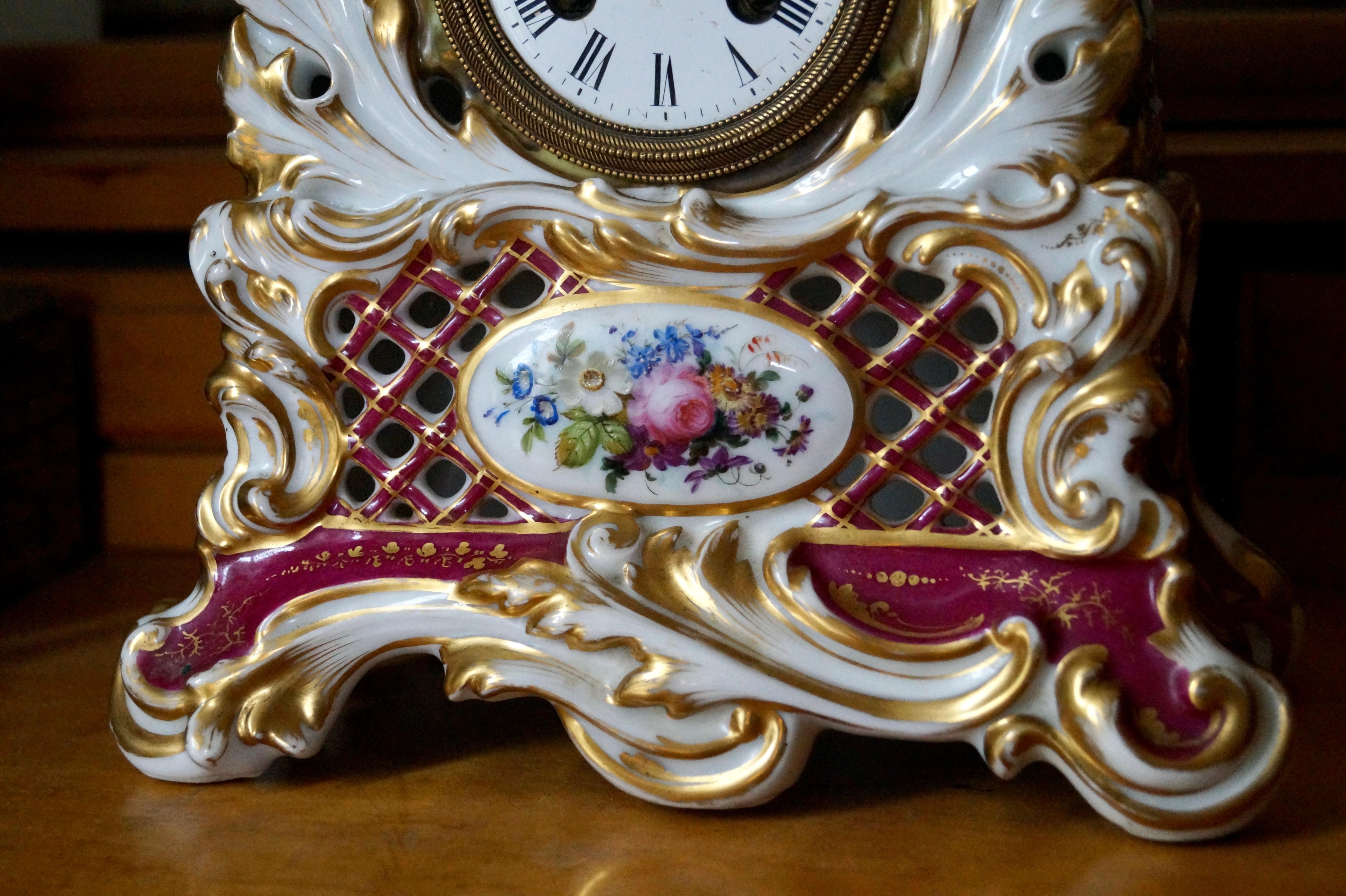 Hand-Painted Rare Antique Old Paris Porcelain - Porcelaine de Paris - Mantel Table Clock