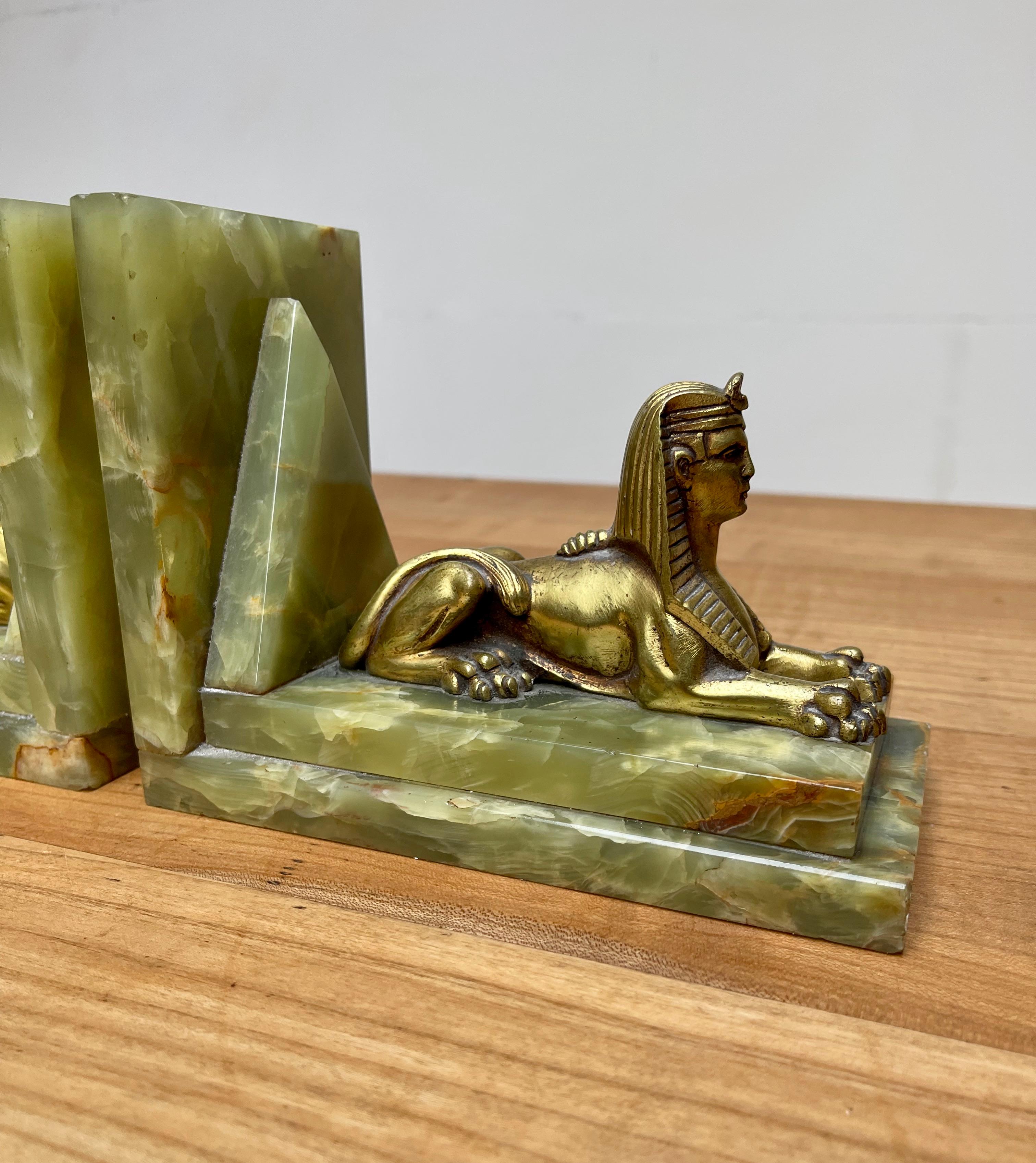 Rare Antique Pair of Art Deco Bookends Egyptian Revival Bronze Sphinx Sculptures 10