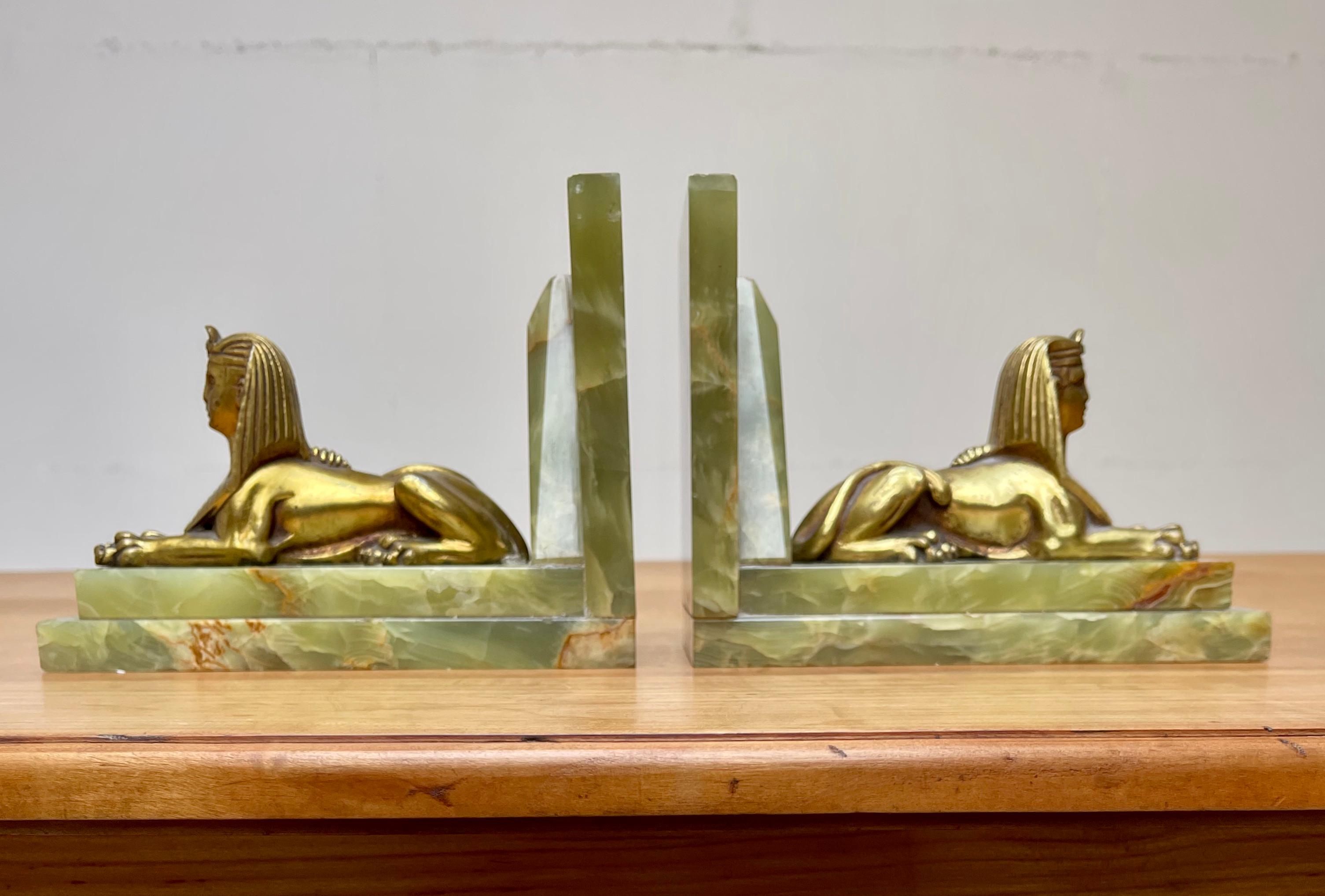 Rare Antique Pair of Art Deco Bookends Egyptian Revival Bronze Sphinx Sculptures For Sale 11