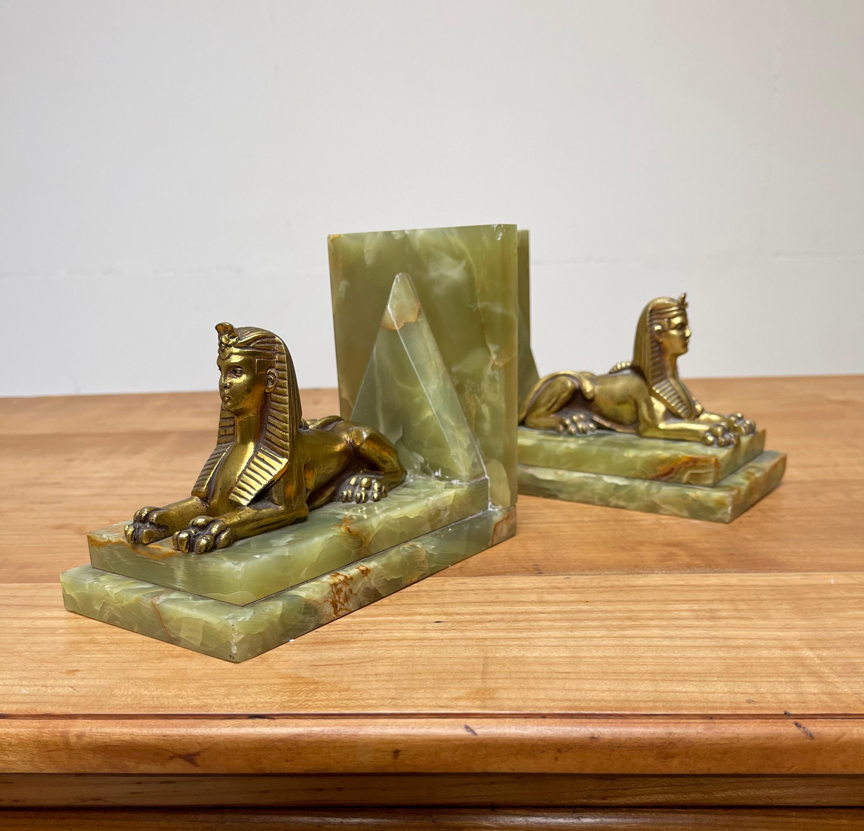 French Rare Antique Pair of Art Deco Bookends Egyptian Revival Bronze Sphinx Sculptures