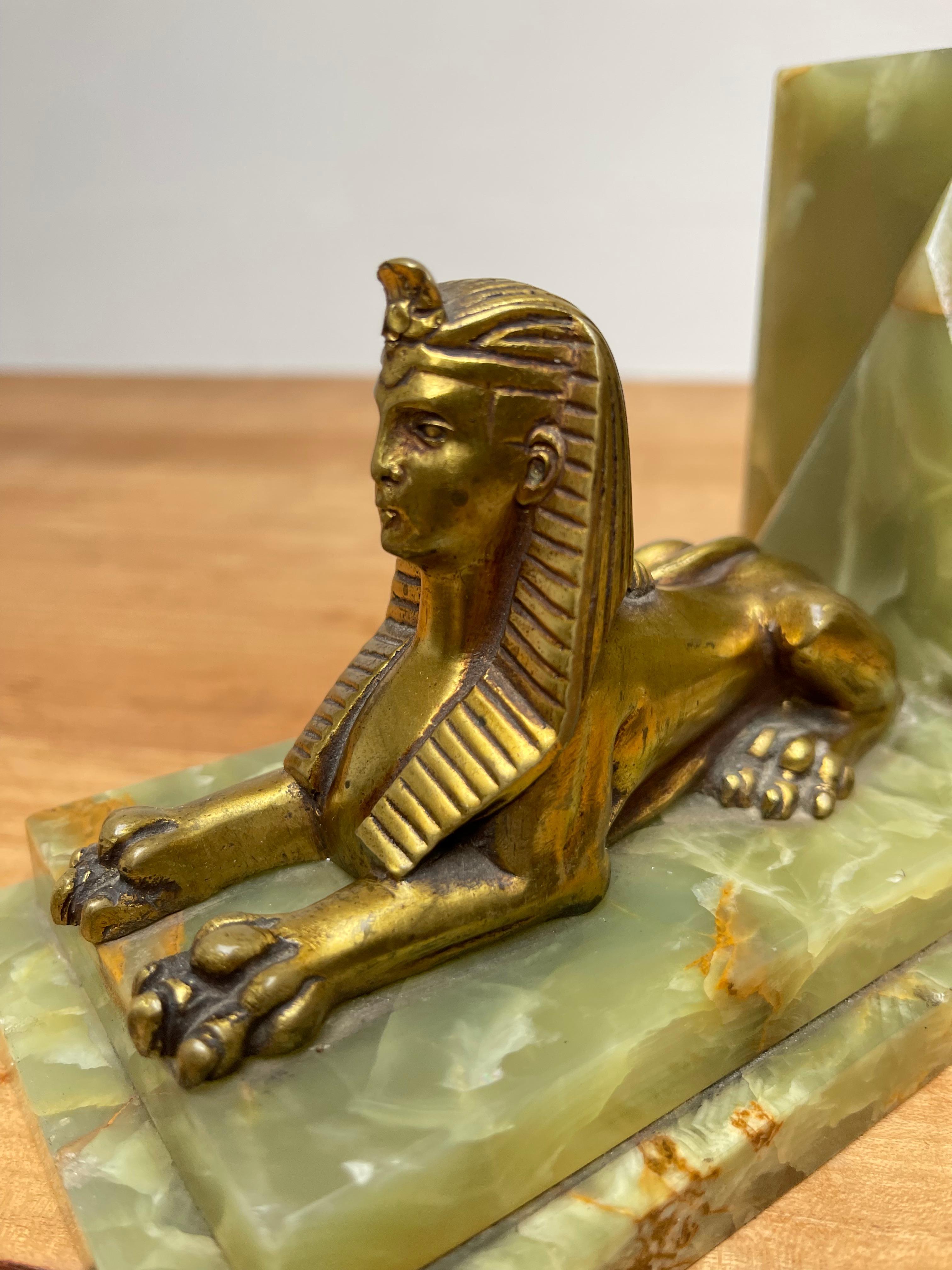 20th Century Rare Antique Pair of Art Deco Bookends Egyptian Revival Bronze Sphinx Sculptures For Sale