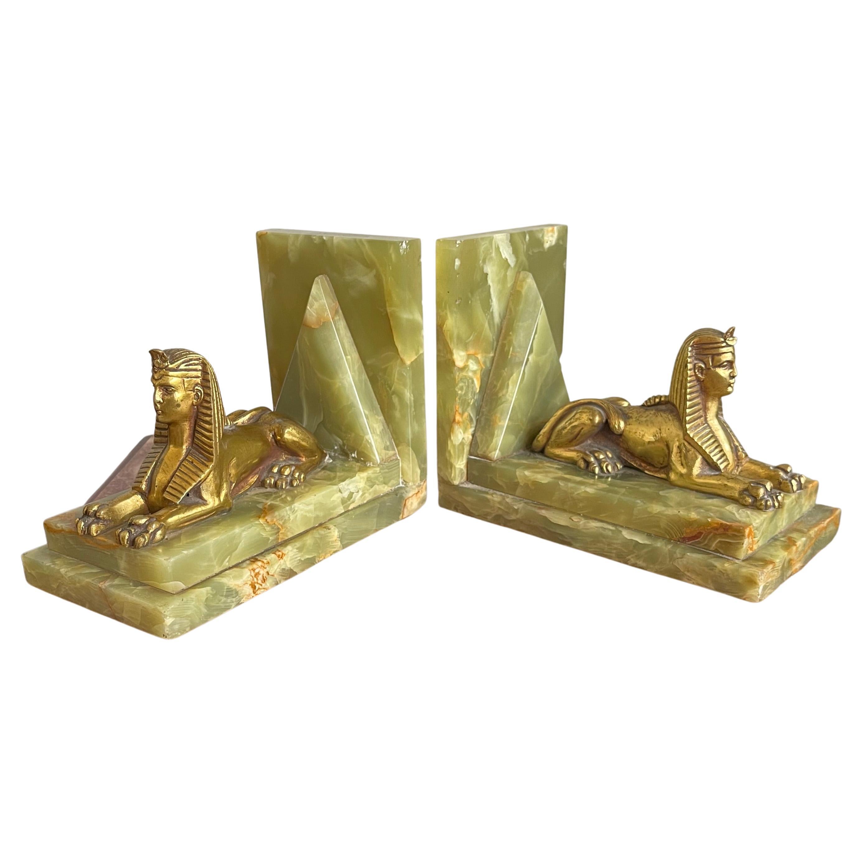 Rare Antique Pair of Art Deco Bookends Egyptian Revival Bronze Sphinx Sculptures