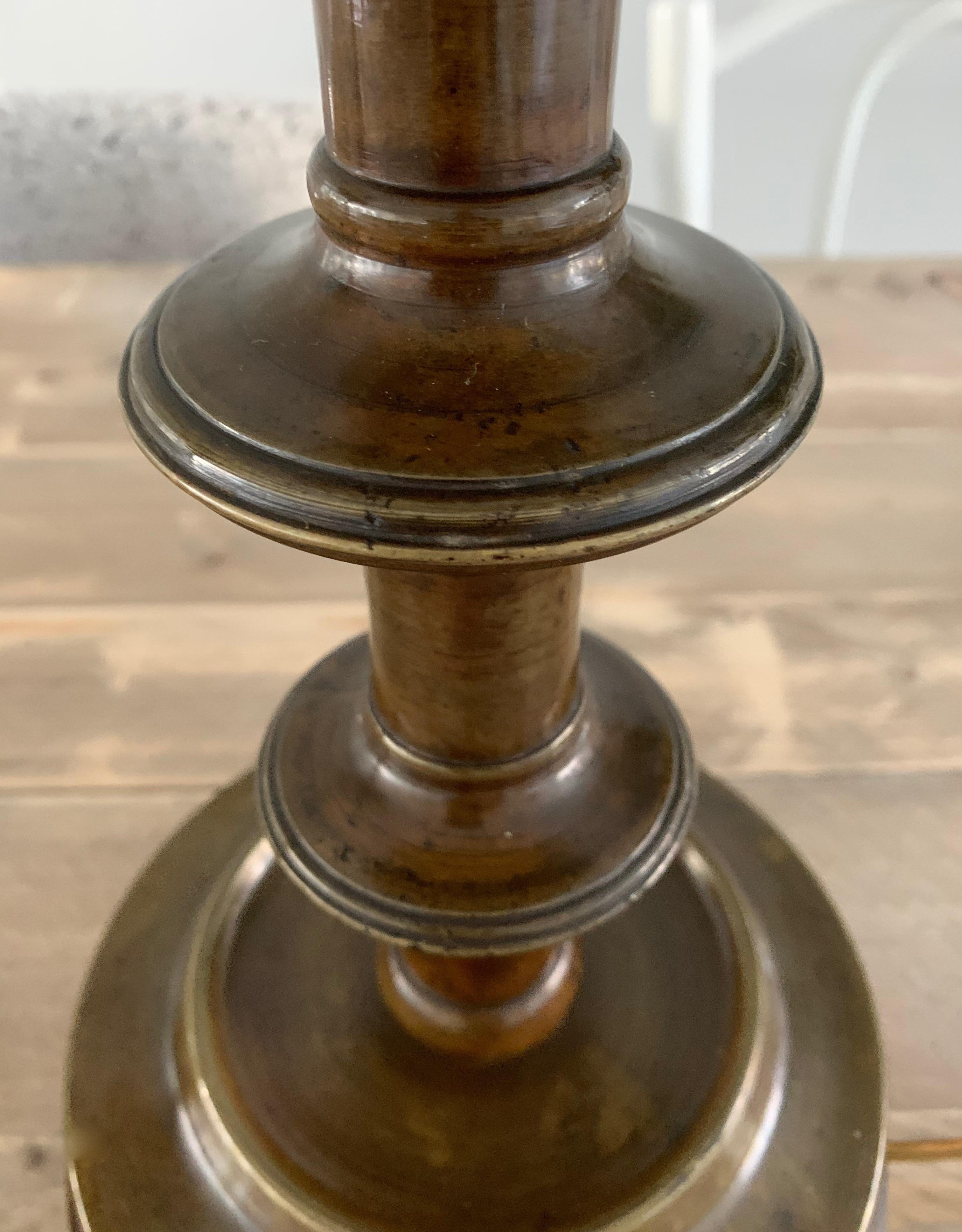 19th Century Antique Pair of Bronze Medieval Revival, Former Church Candlestick Table Lamps For Sale