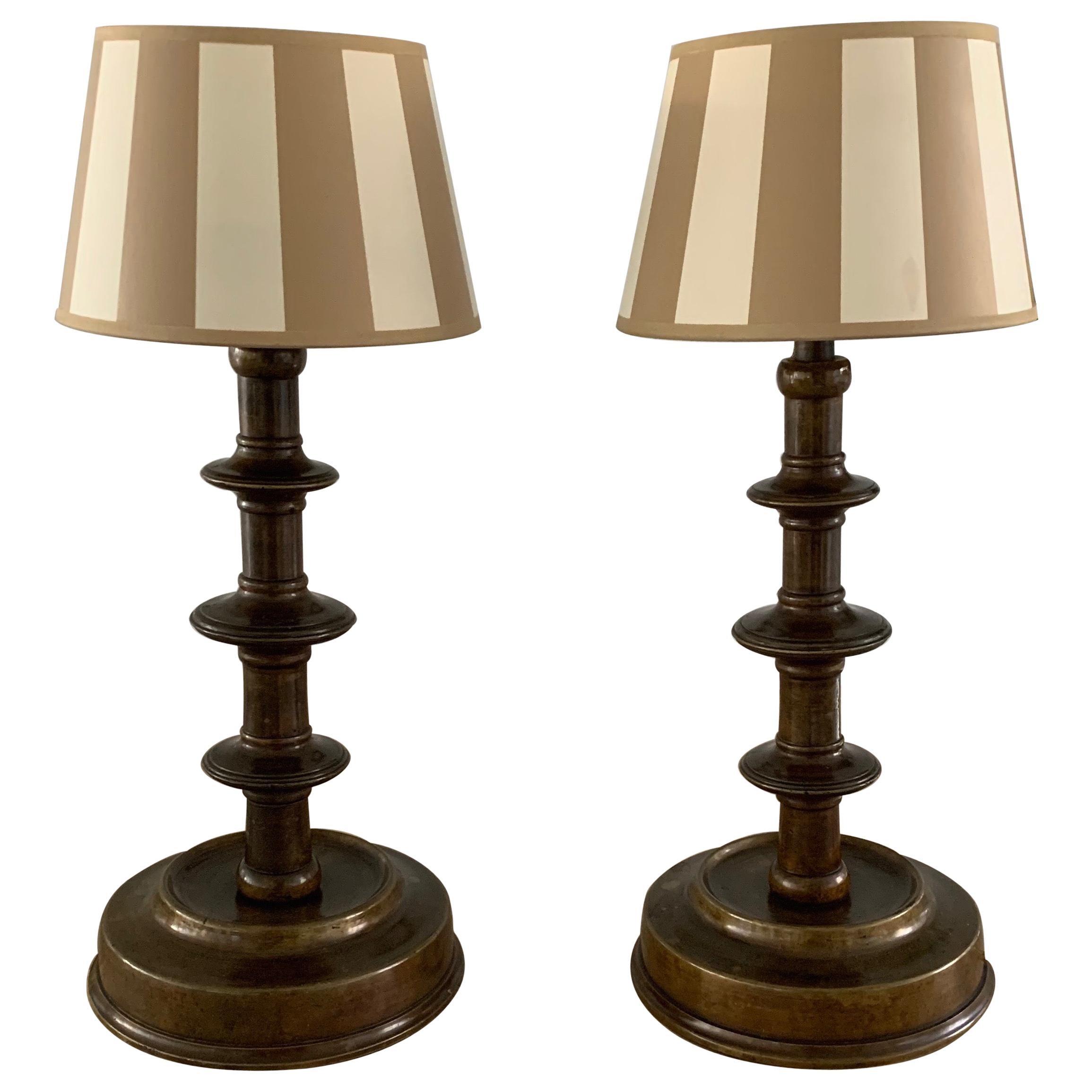 Antique Pair of Bronze Medieval Revival, Former Church Candlestick Table Lamps For Sale
