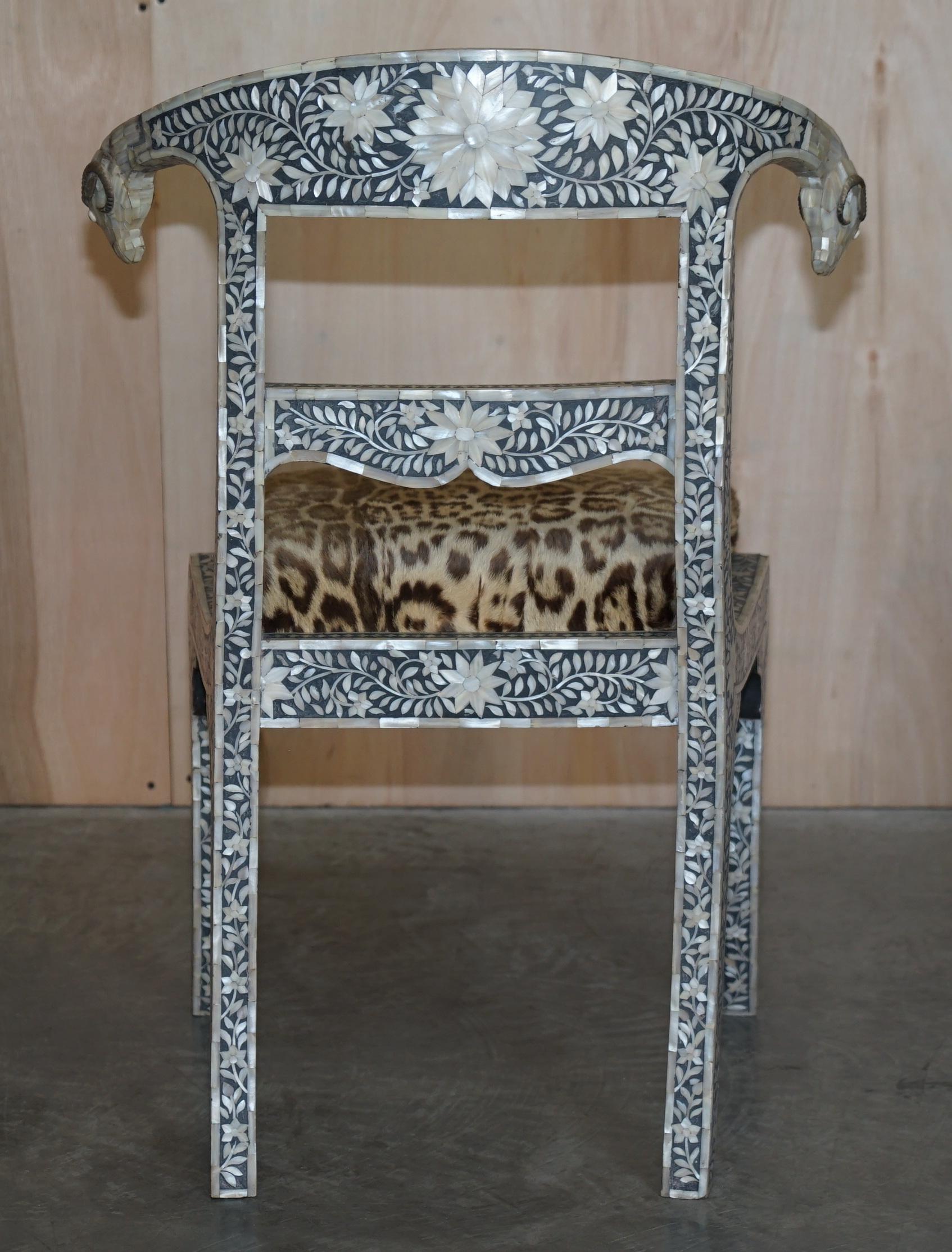 Rare Antique Pair of circa 1900 Mother of Pearl Inlaid Rams Head Klismos Chairs 5