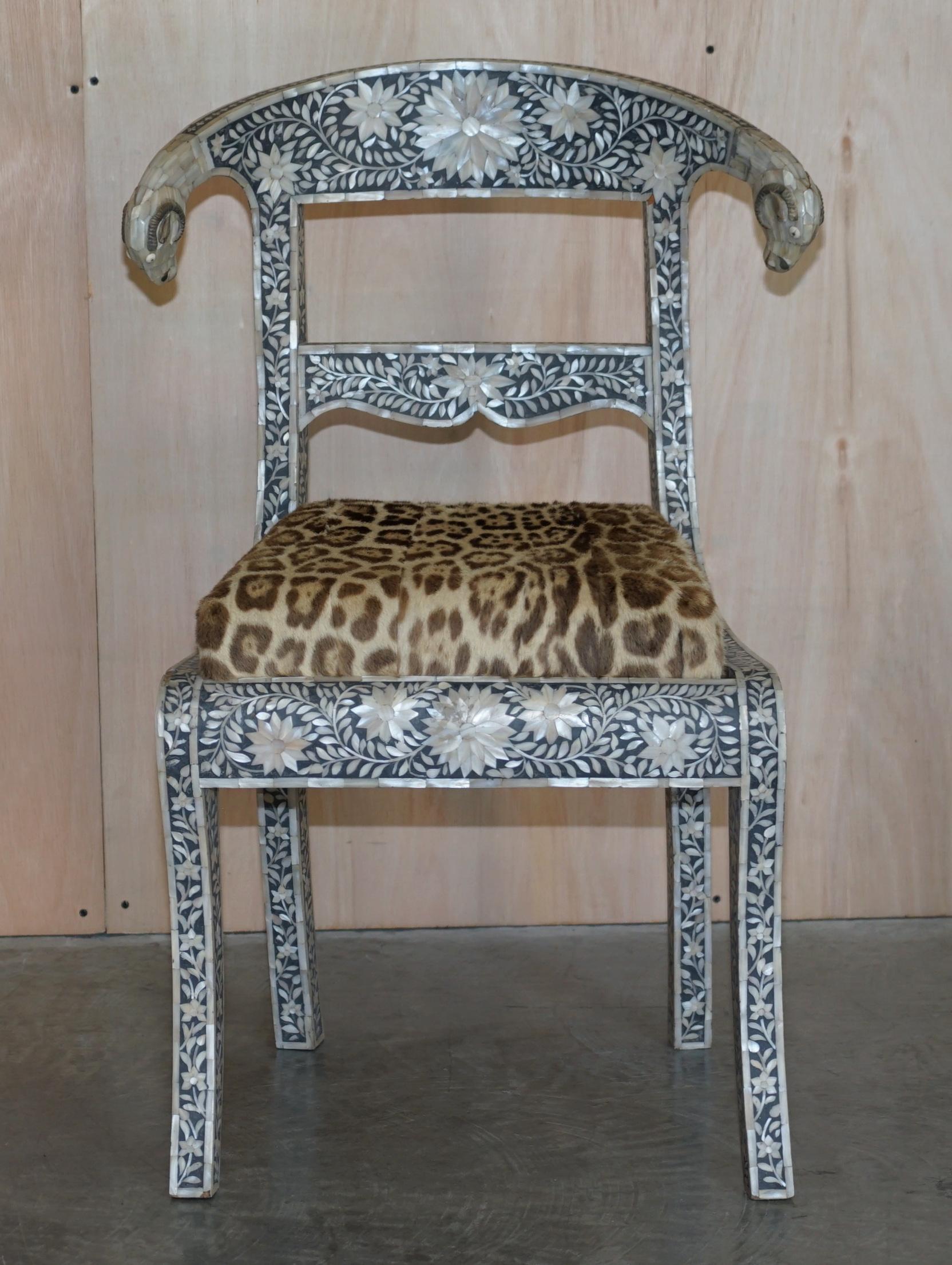 Late Victorian Rare Antique Pair of circa 1900 Mother of Pearl Inlaid Rams Head Klismos Chairs