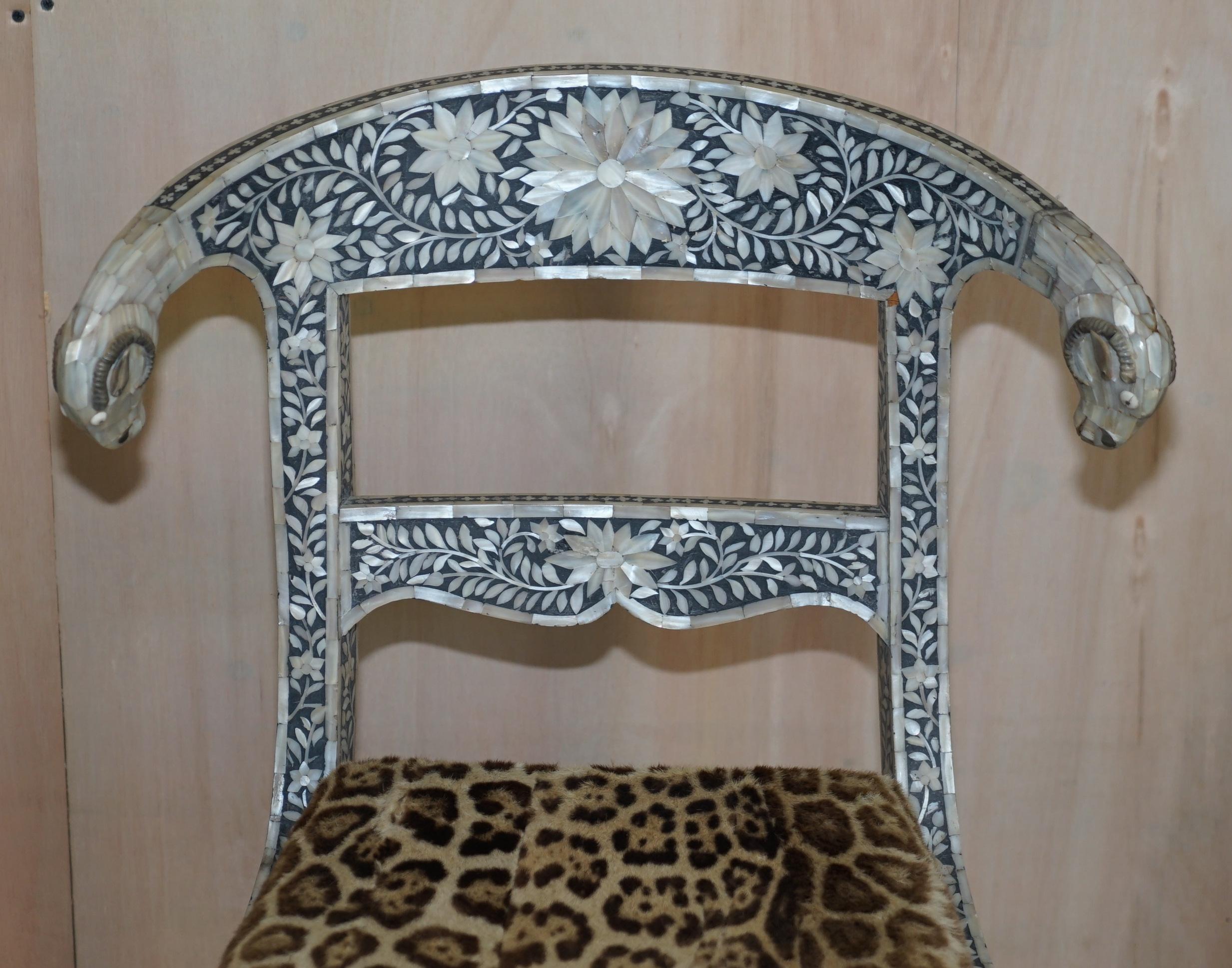 European Rare Antique Pair of circa 1900 Mother of Pearl Inlaid Rams Head Klismos Chairs