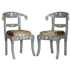 Rare Antique Pair of circa 1900 Mother of Pearl Inlaid Rams Head Klismos Chairs