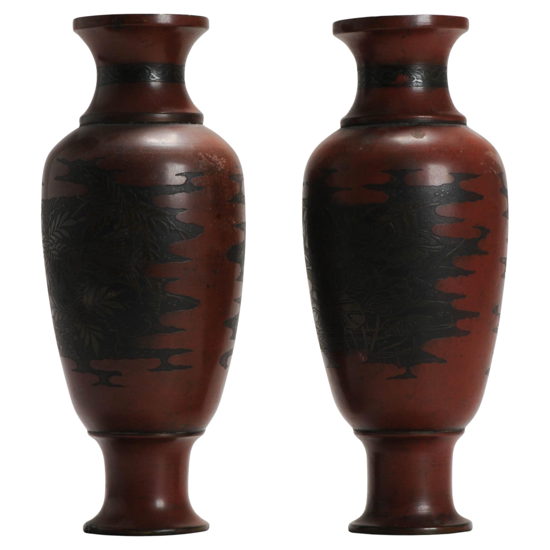 Rare Antique Pair of Engraved Japanese Bronze Vases, Japan, 19th Century