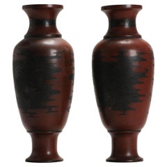 Rare Antique Pair of Engraved Japanese Bronze Vases, Japan, 19th Century