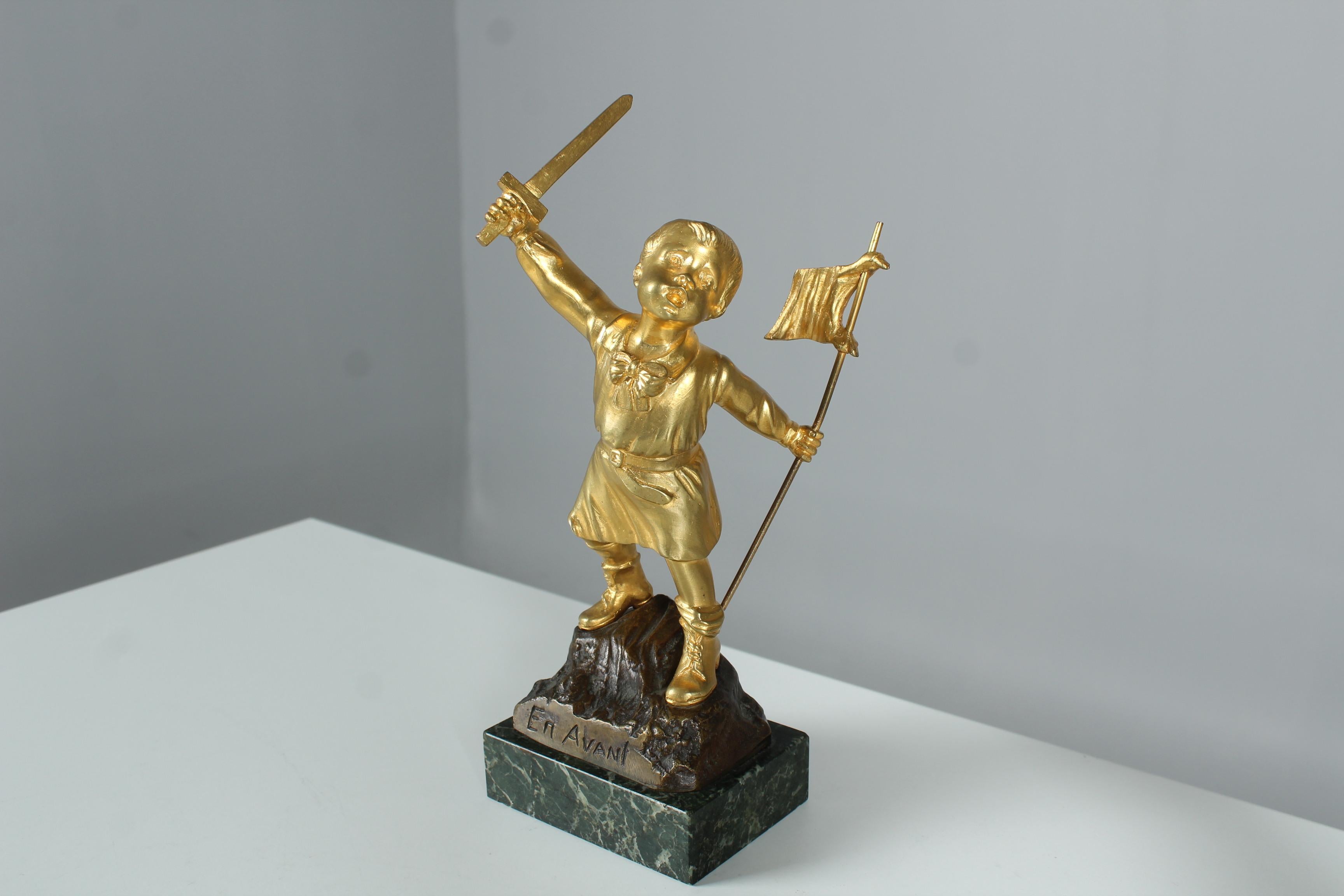 French Rare Antique Pair of Sculptures, Bronze Dorée, Vive La France, Signed G. Flamend For Sale