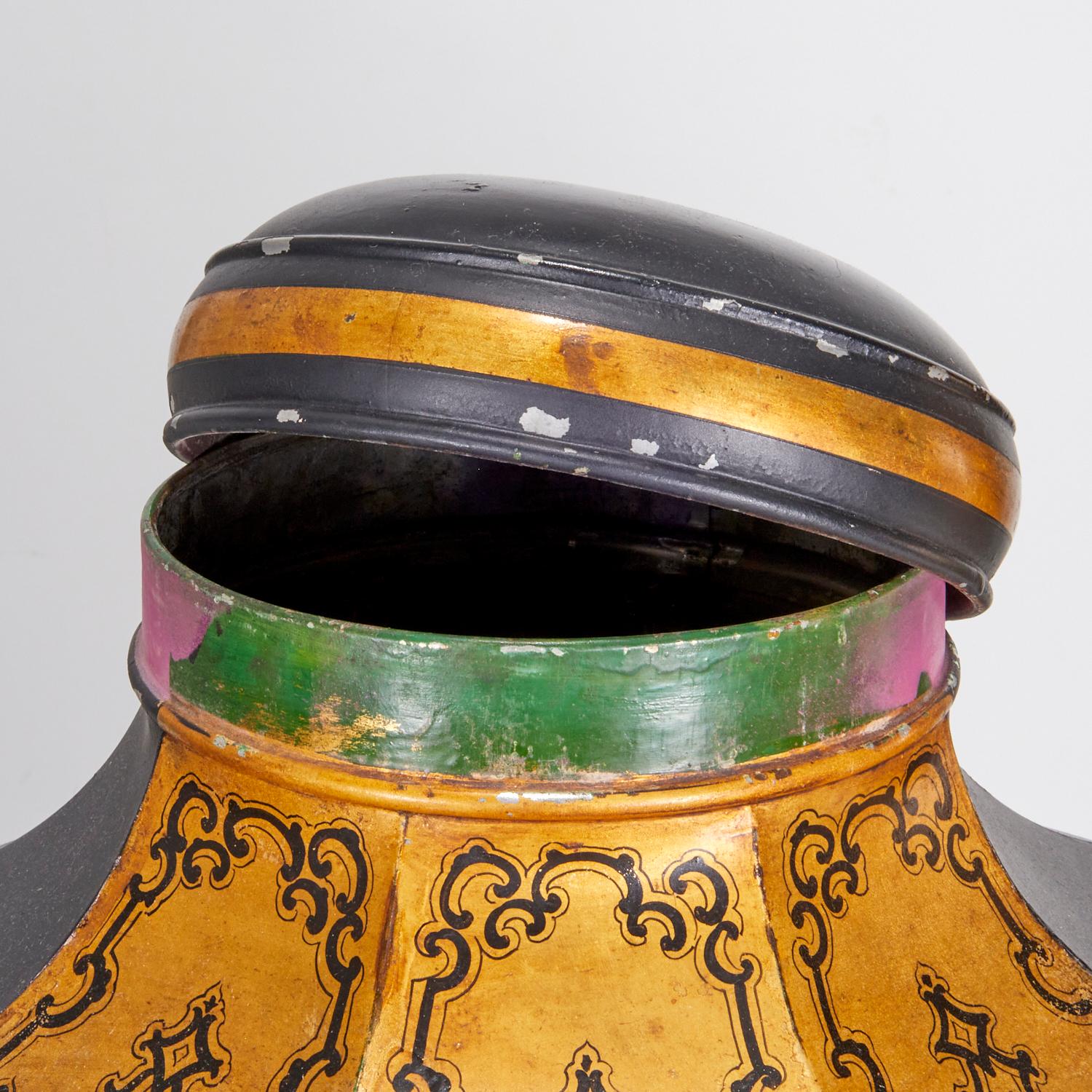 Metal Rare Antique Pair of Very Large Victorian Chinoiserie Tole-ware Tea Canisters For Sale