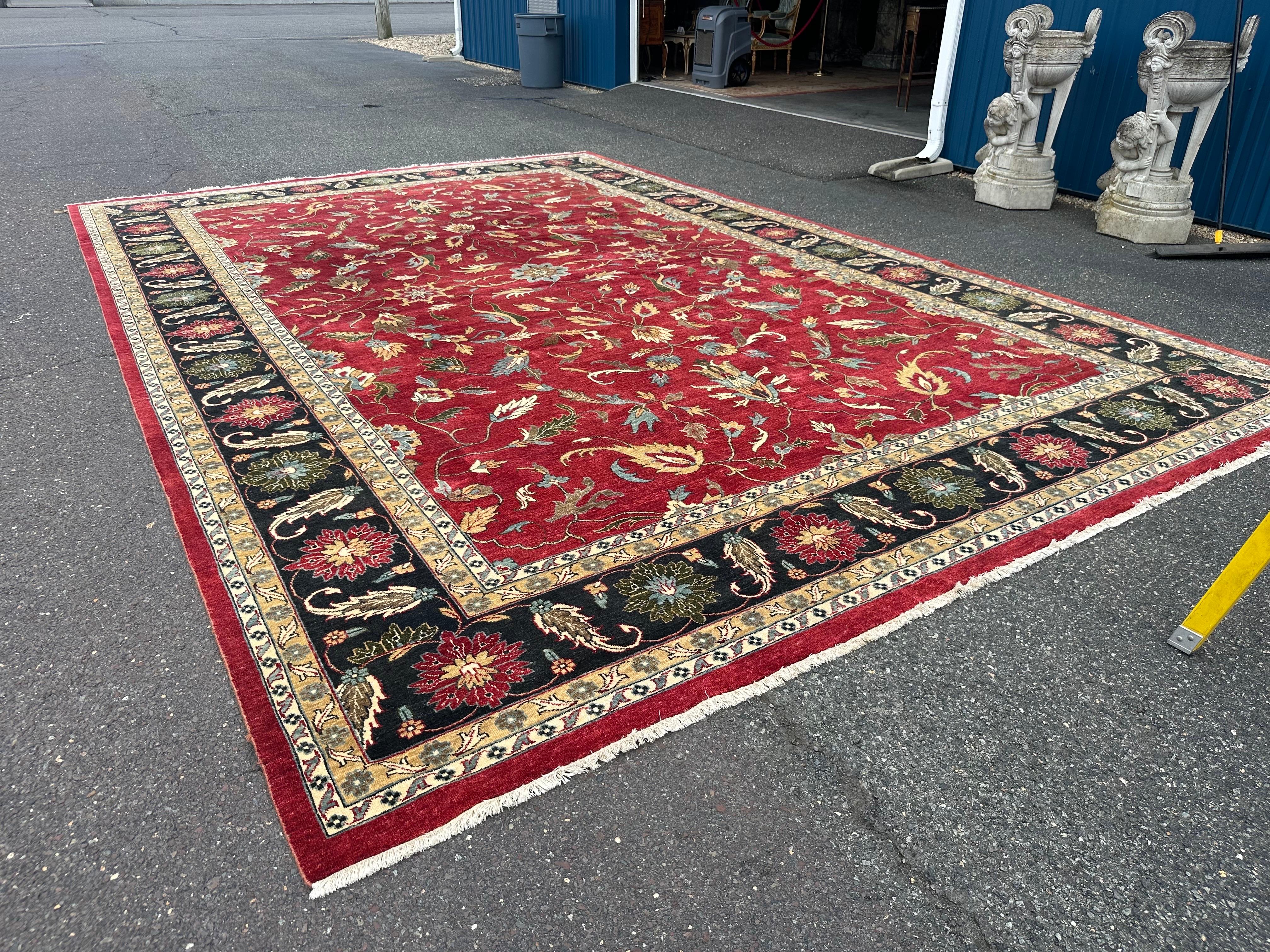 Turkish Rare Antique Palace Size 12 x 18 Navy Green Red Yellow and Peach Oushak Rug For Sale