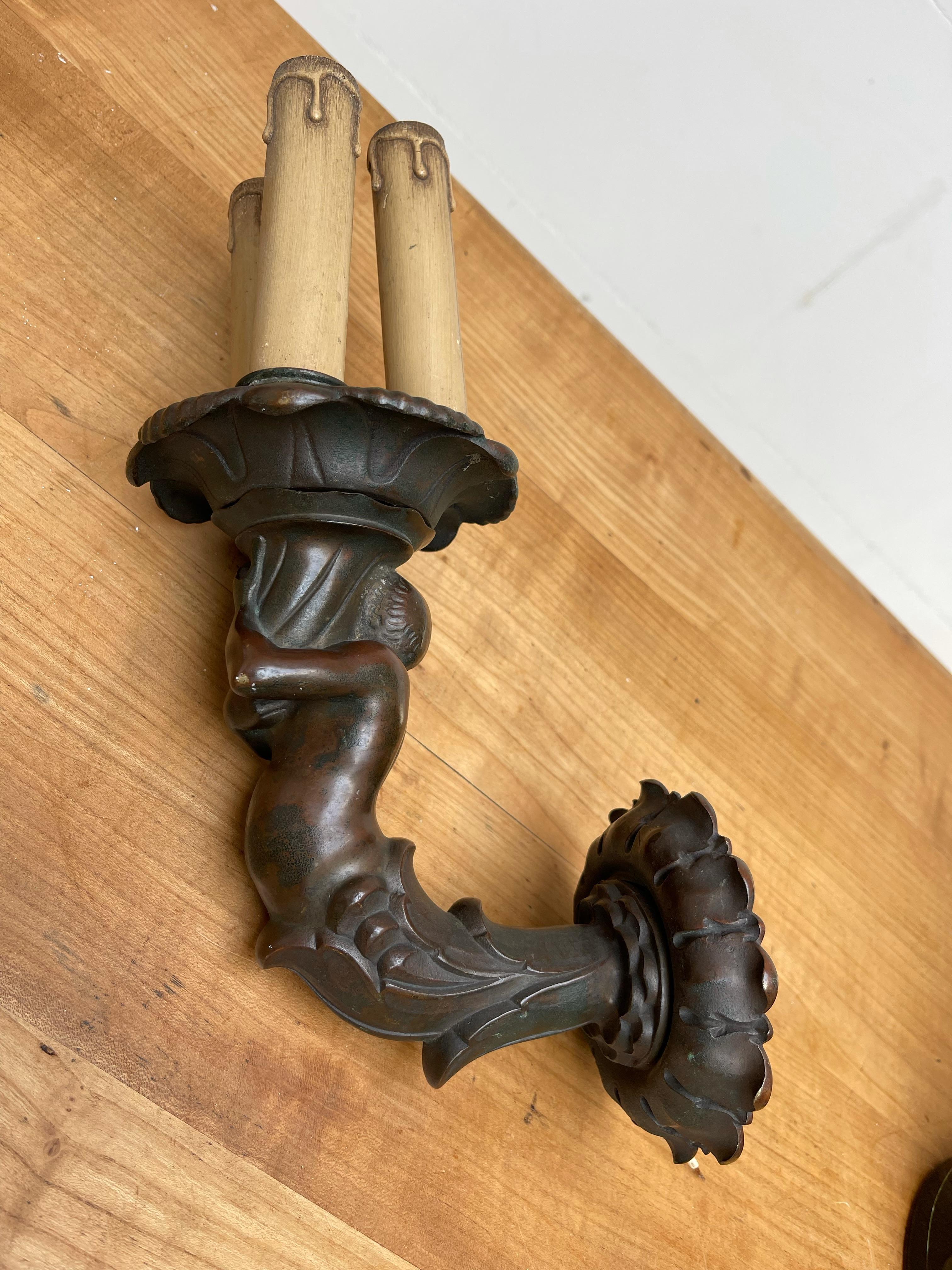 Rare Antique Patinated Bronze Male Figure Holding Torchere, Wall Sconce, Fixture For Sale 8