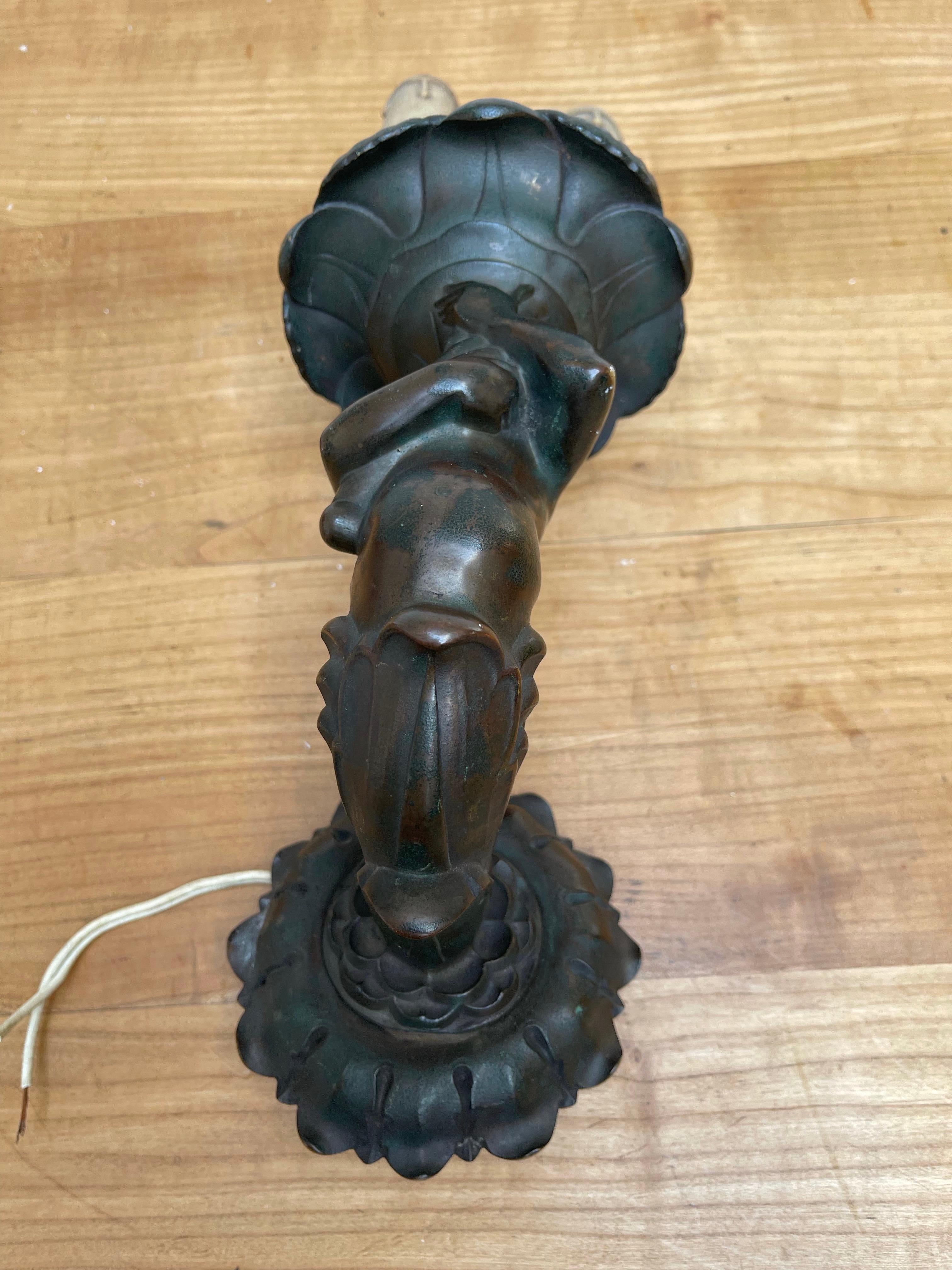Rare Antique Patinated Bronze Male Figure Holding Torchere, Wall Sconce, Fixture For Sale 9