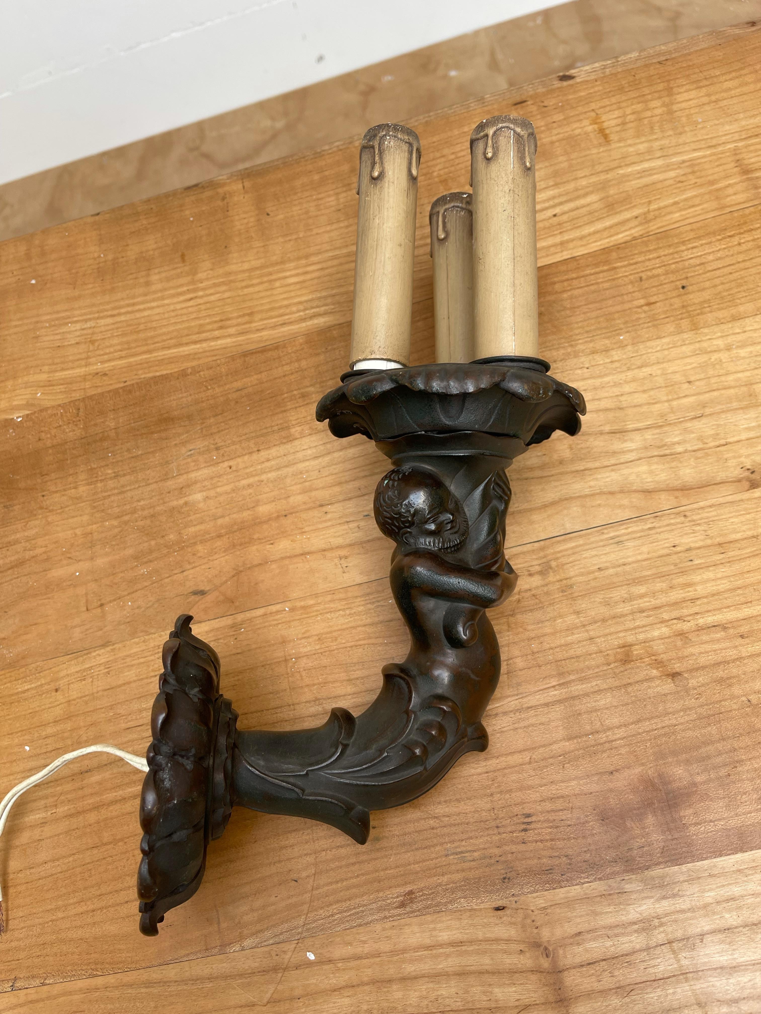 Rare Antique Patinated Bronze Male Figure Holding Torchere, Wall Sconce, Fixture For Sale 10