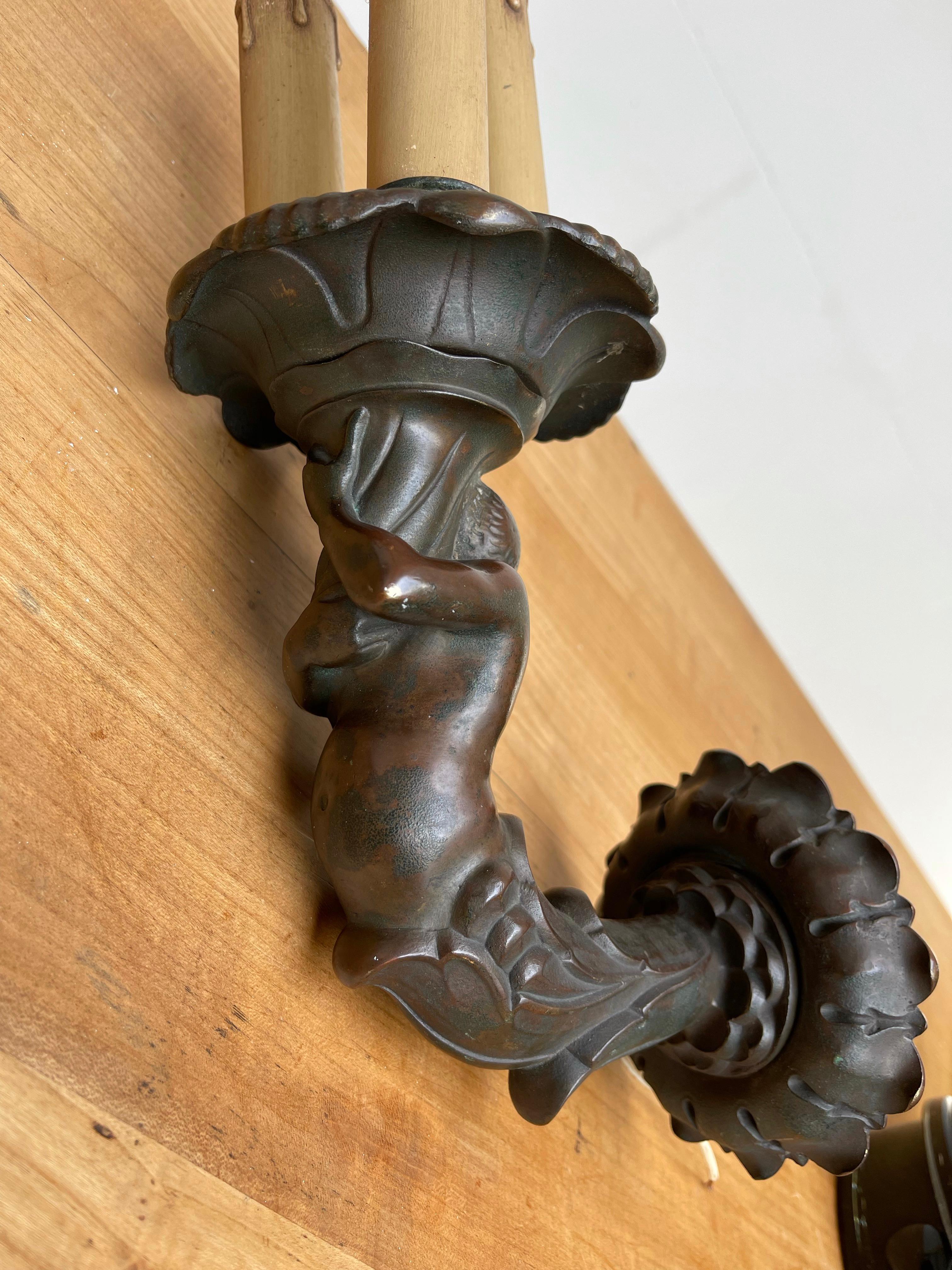 Rare Antique Patinated Bronze Male Figure Holding Torchere, Wall Sconce, Fixture For Sale 1