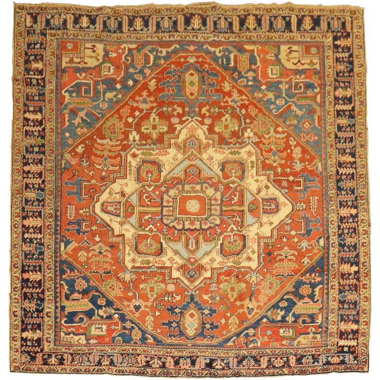 Rare Antique Persian Heriz Square Room, Common Persian Rug Sizes