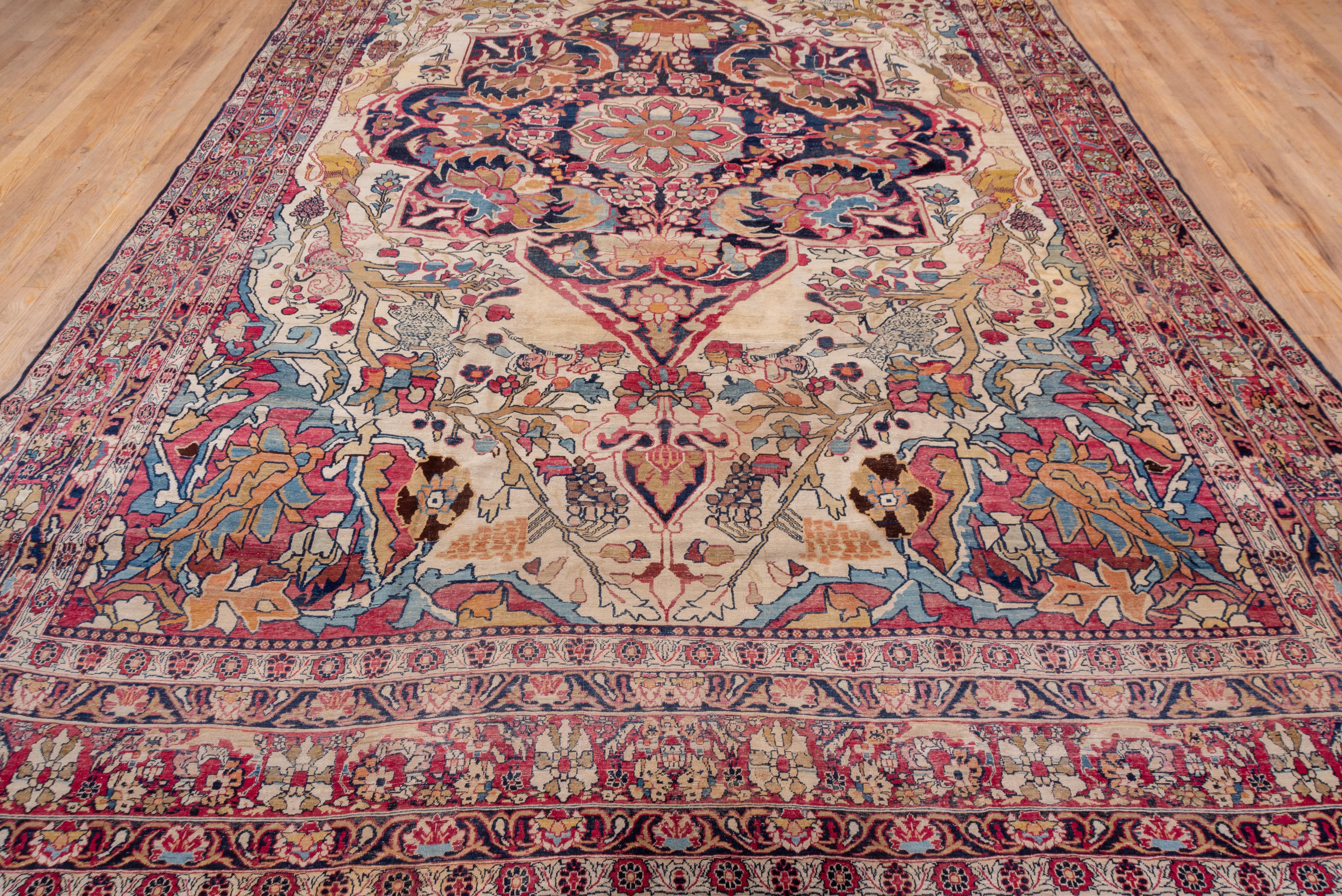 Hand-Knotted Rare Antique Persian Lavar Kerman Carpet, Colorful Outer Border and Accents