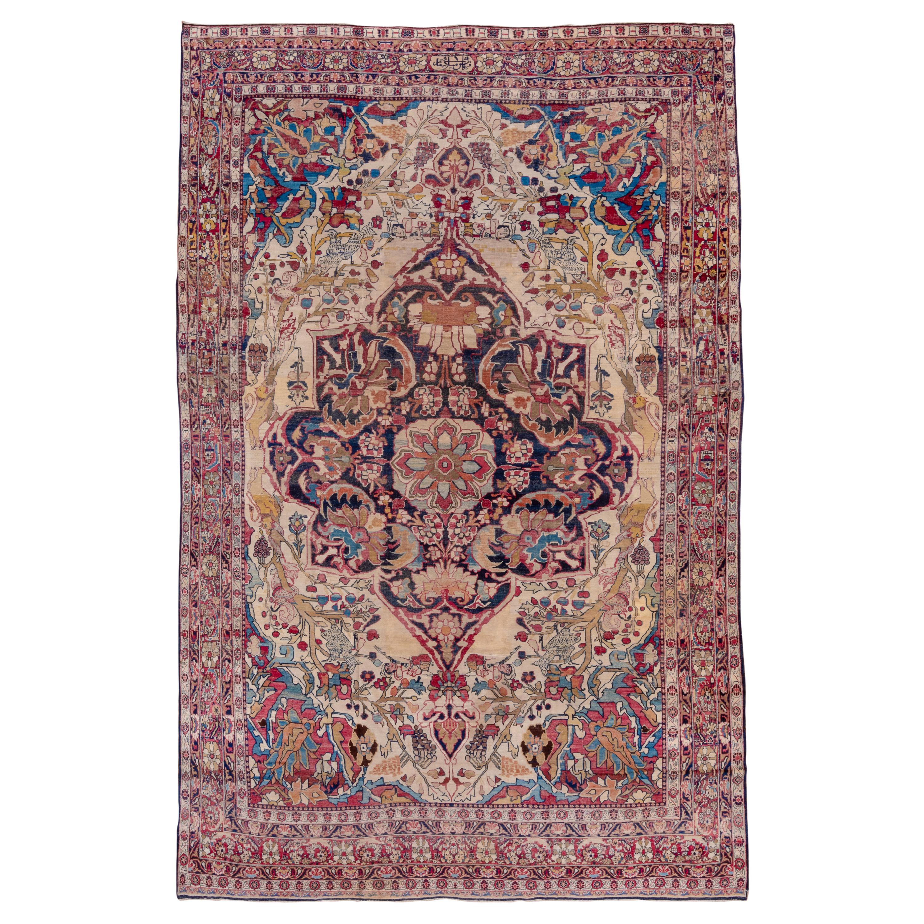 Rare Antique Persian Lavar Kerman Carpet, Colorful Outer Border and Accents