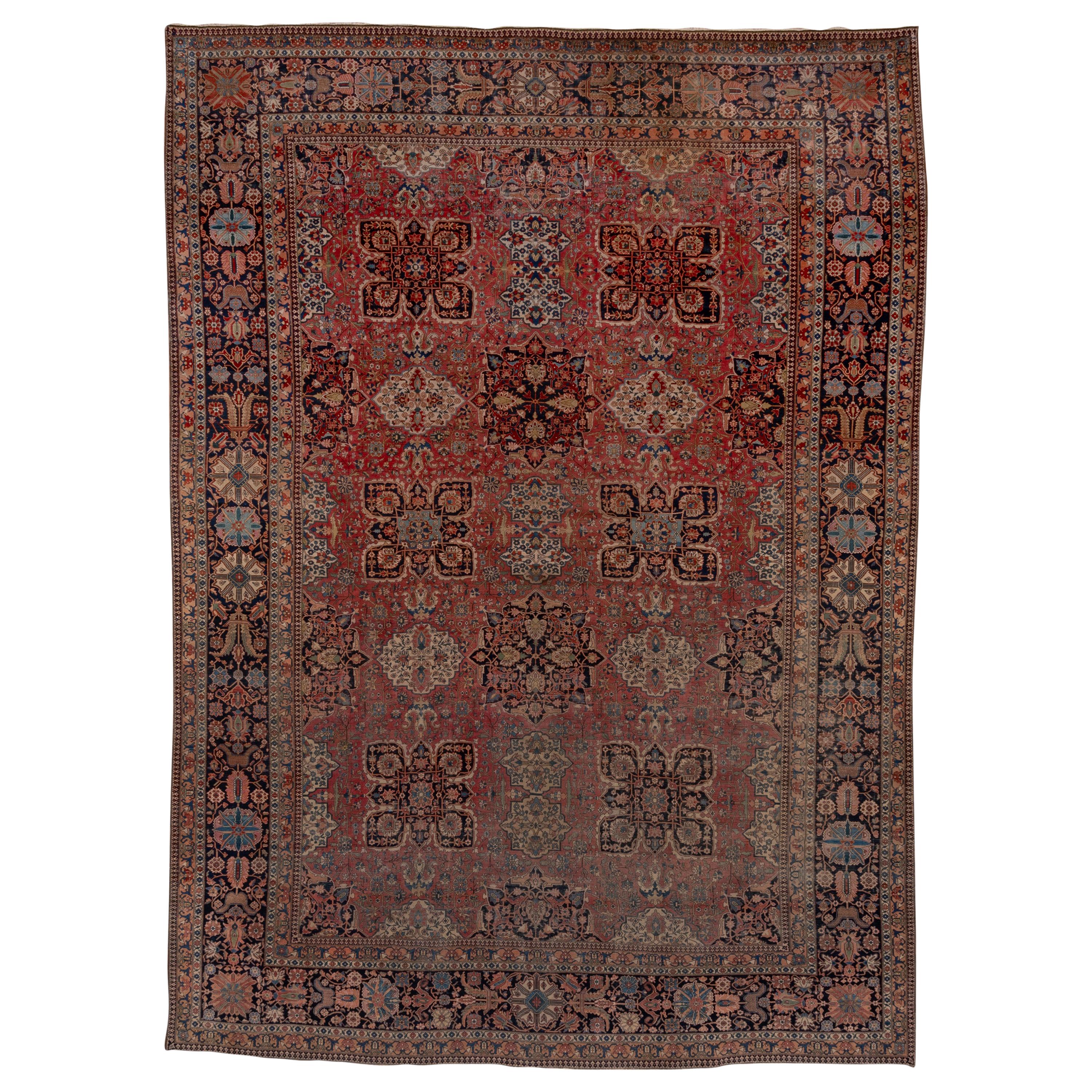 Rare Antique Persian Mohtasham Kashan Carpet, Red All-Over Field, Navy Borders For Sale