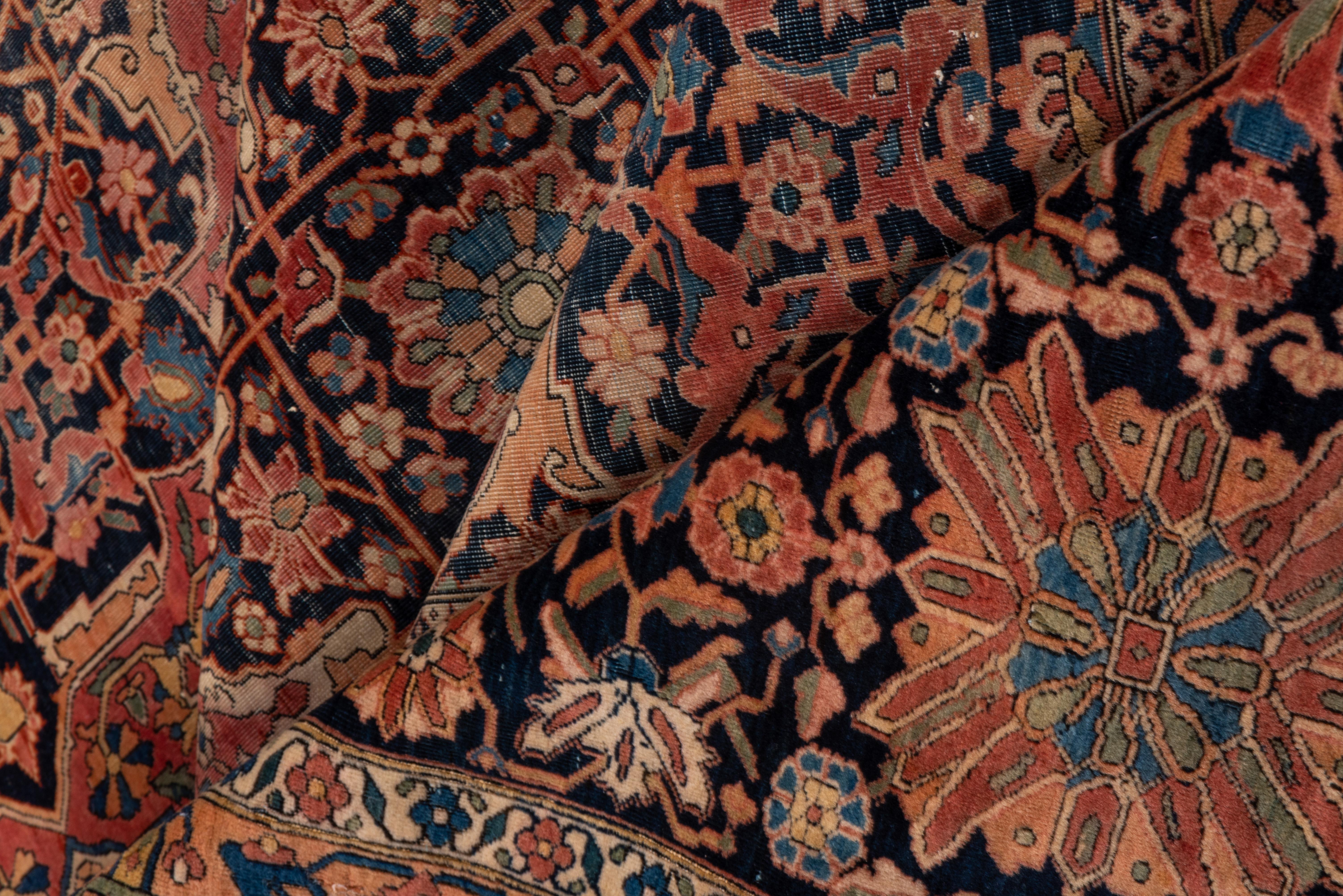 Hand-Knotted Rare Antique Persian Mohtasham Kashan Carpet, Red All-Over Field, Navy Borders For Sale