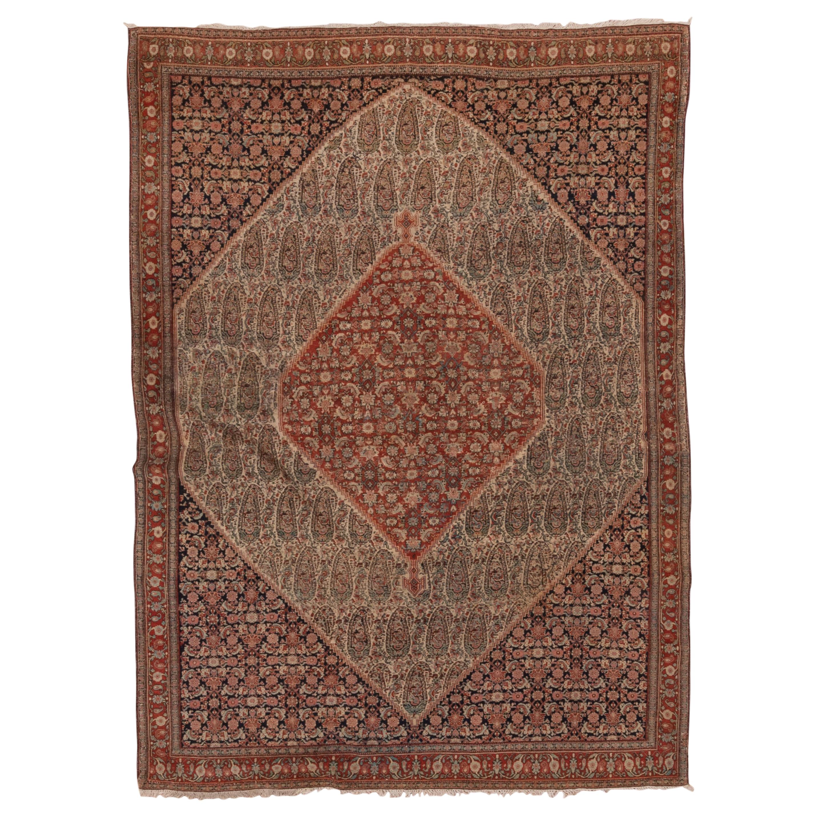 Rare Antique Persian Senneh Rug, Double Outer Field, Traditional Palette For Sale