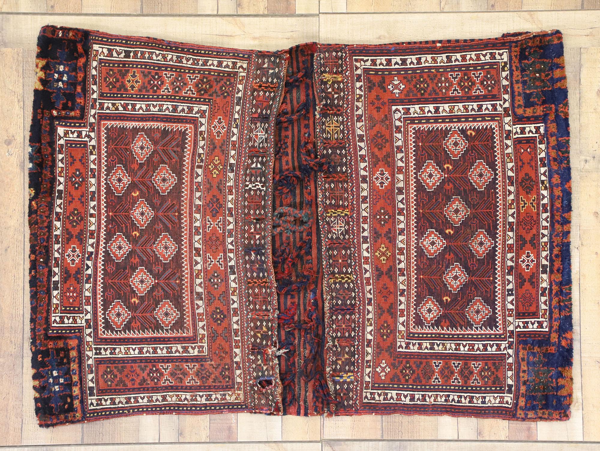 Rare Antique Persian Soumak Saddlebag, Nomadic Charm Meets Versatility For Sale 4
