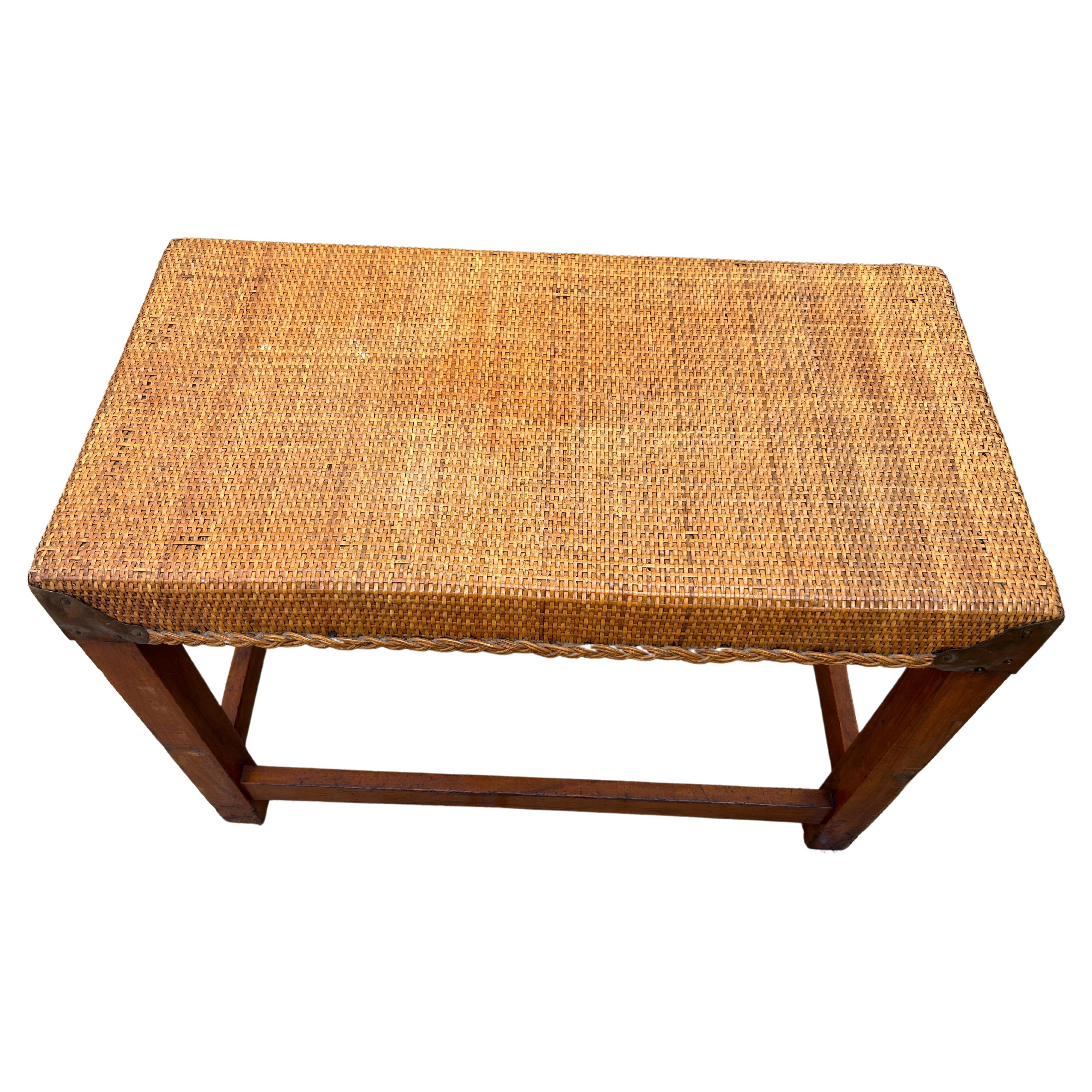Beautiful Antique Vintage Arts and Crafts Piano Cane copper oak Bench or Stool by Limbert Arts Crafts. Very Rare Bench small bench possibly a Piano Bench Mission Arts Crafts. Cane is solid and has a beautiful Patina very Sturdy well built bench.