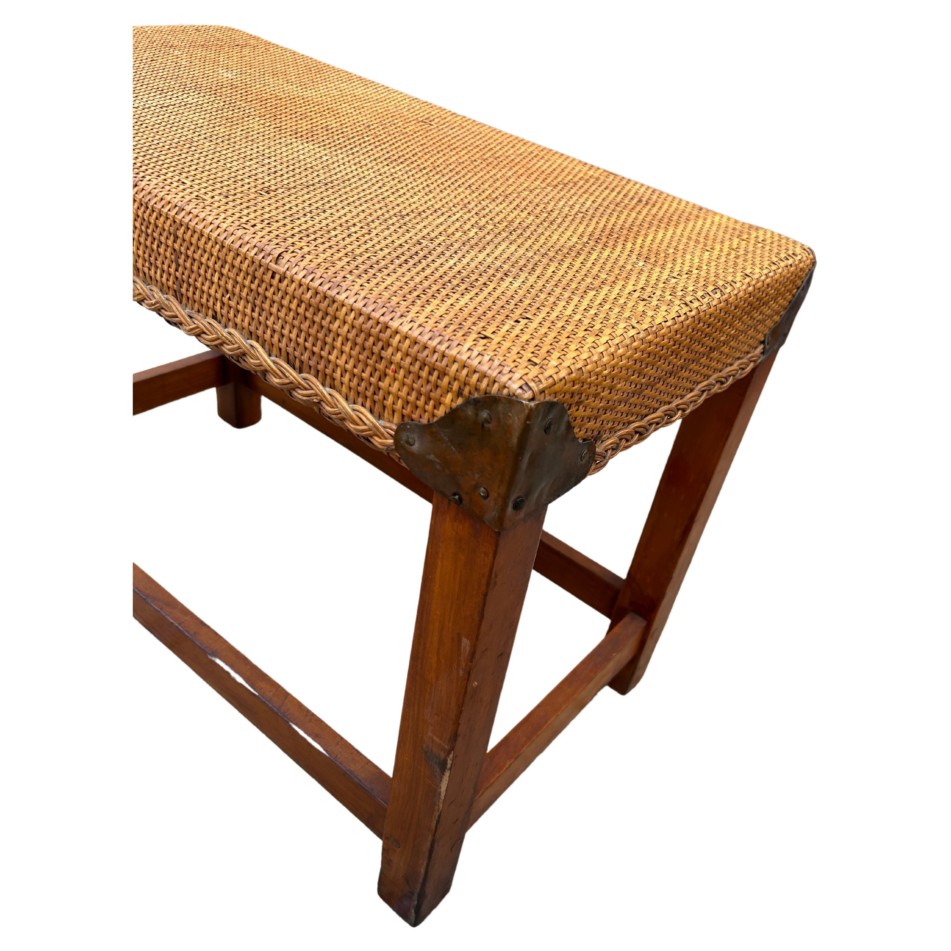 Early 20th Century Rare Antique Piano Cane Copper Oak Bench by Limbert Arts Crafts, 1906