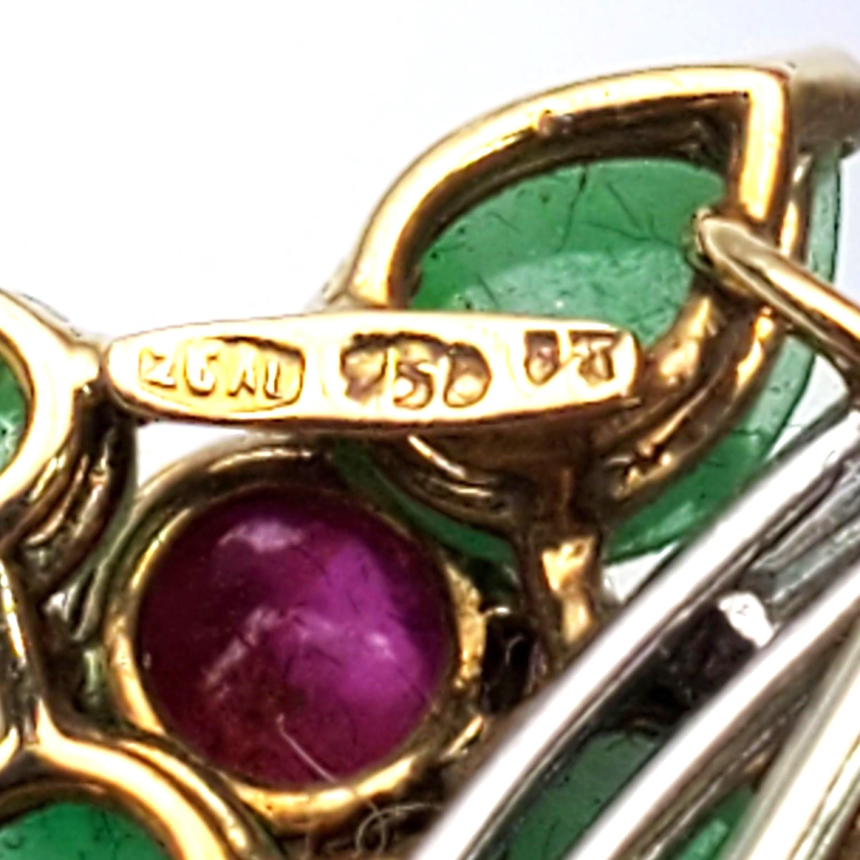 Women's or Men's Rare Antique Platinum Floral Brooch Baguette Diamonds Jade Rubies and Sapphires For Sale