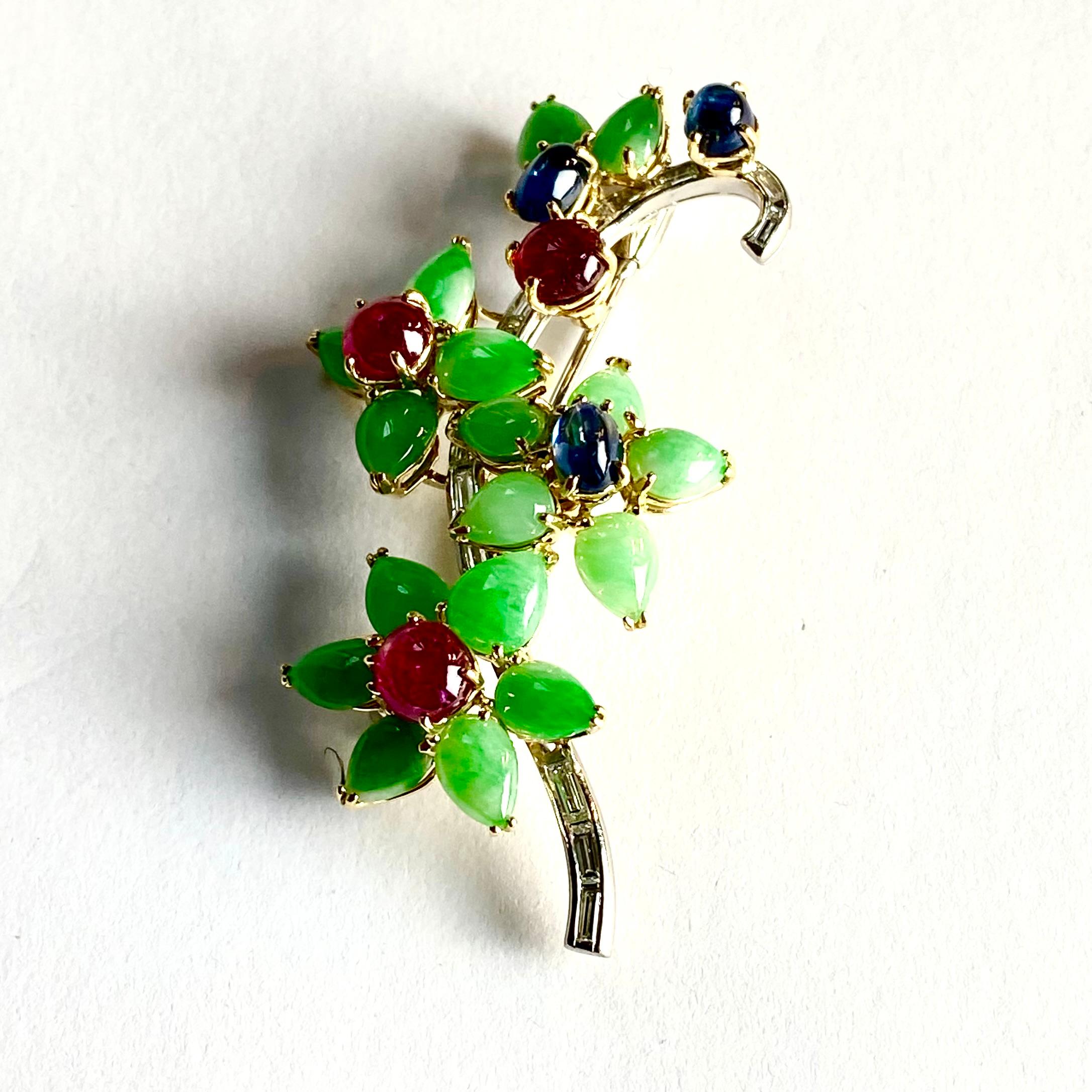Rare Antique Platinum Floral Brooch Baguette Diamonds Jade Rubies and Sapphires For Sale 2