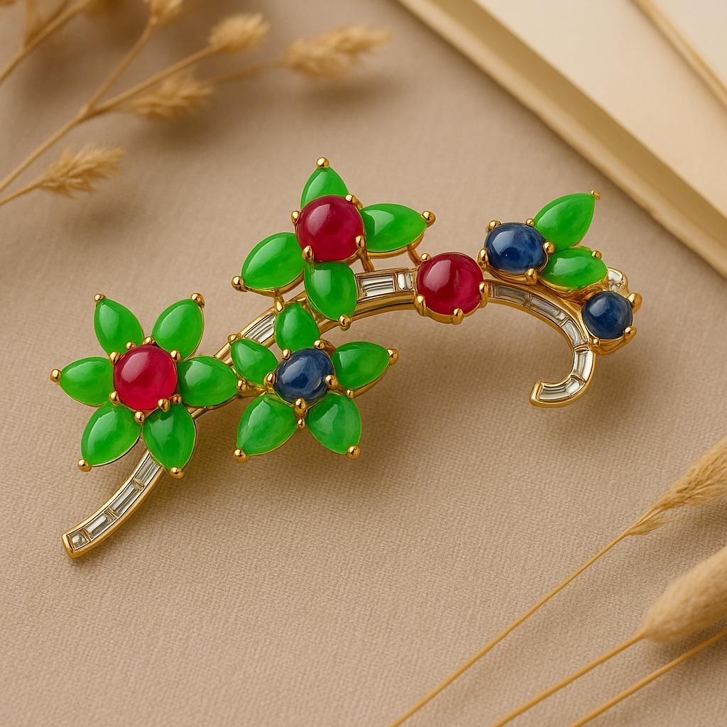 Rare Antique Platinum Floral Brooch Baguette Diamonds Jade Rubies and Sapphires In Good Condition For Sale In New York, NY