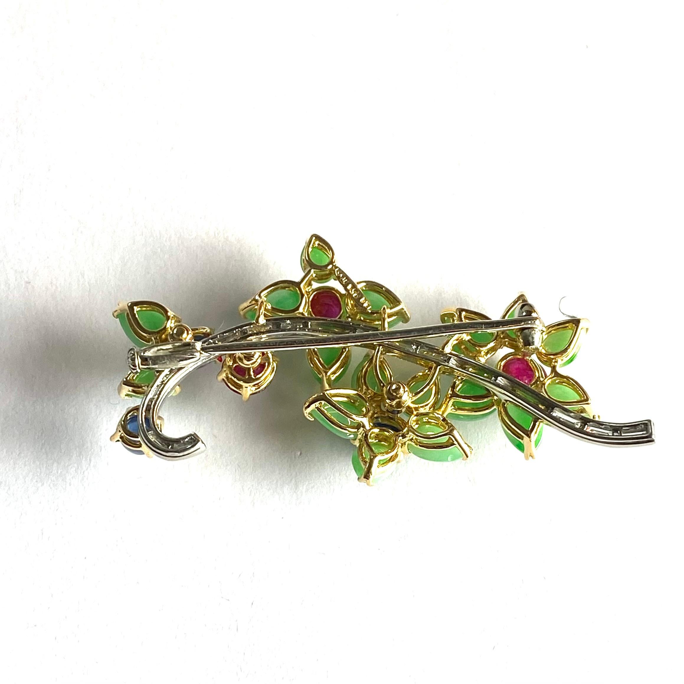 Rare Antique Platinum Floral Brooch Baguette Diamonds Jade Rubies and Sapphires For Sale 4