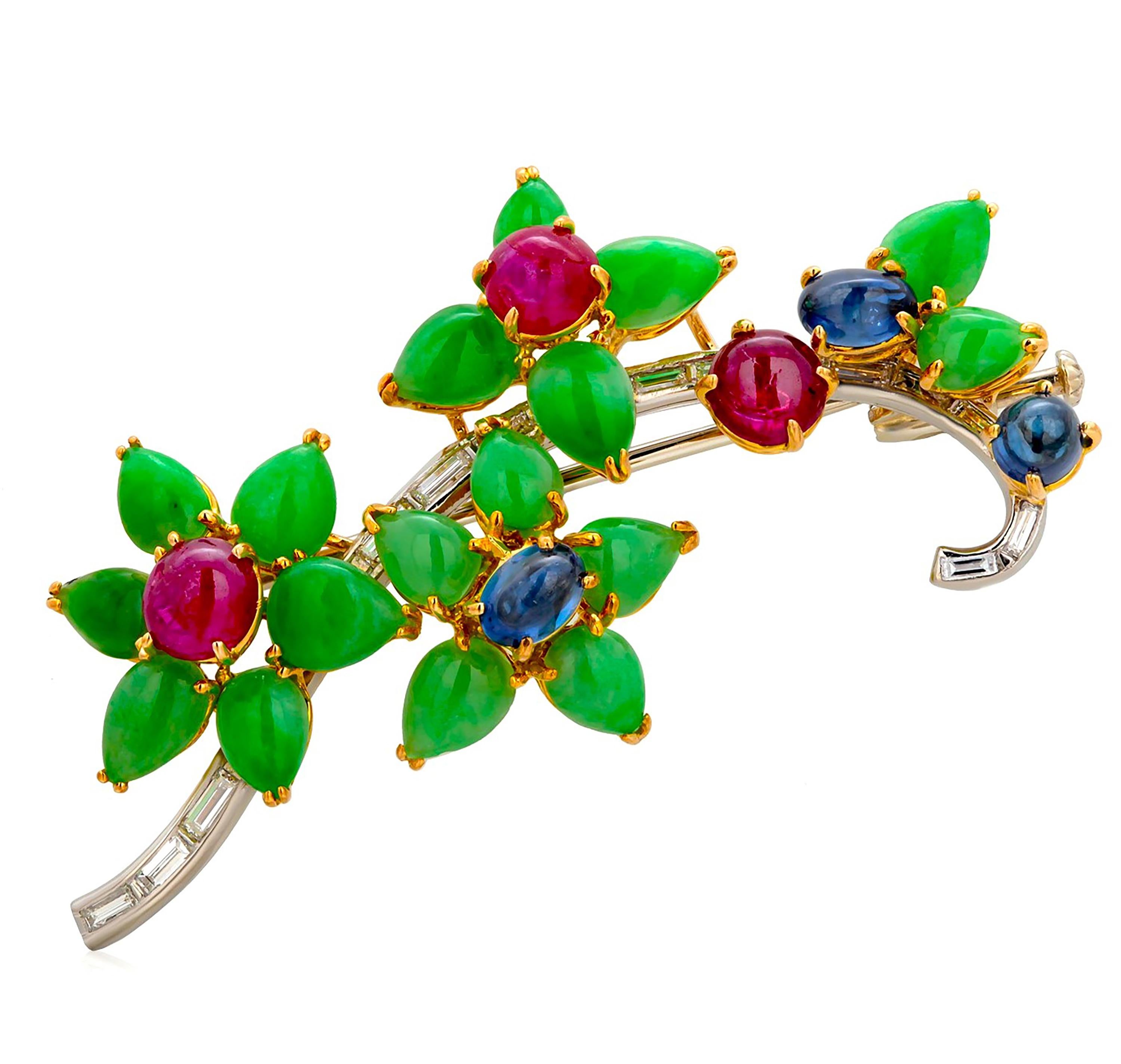 Rare Antique Platinum Floral Brooch Baguette Diamonds Jade Rubies and Sapphires For Sale 5