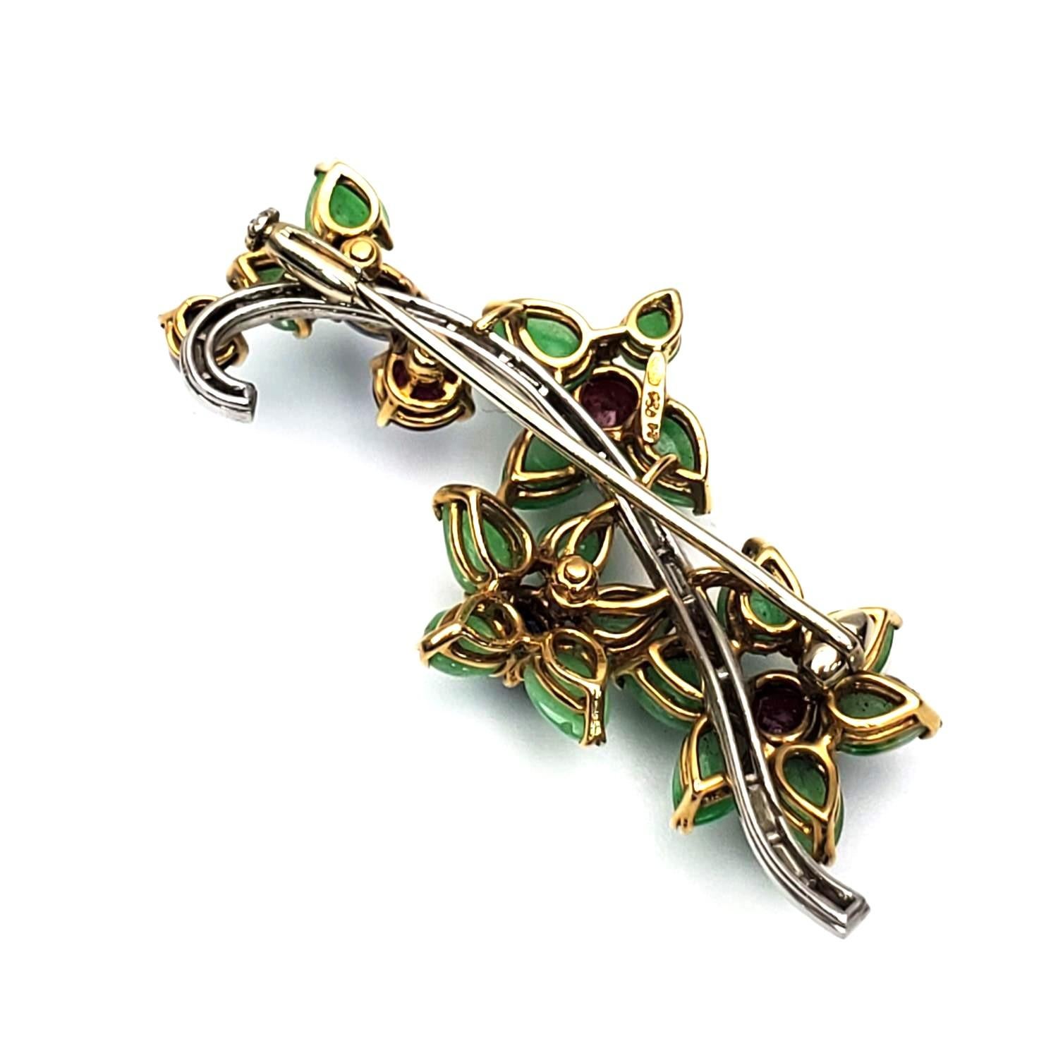 Rare Antique Platinum Floral Brooch Baguette Diamonds Jade Rubies and Sapphires For Sale 6