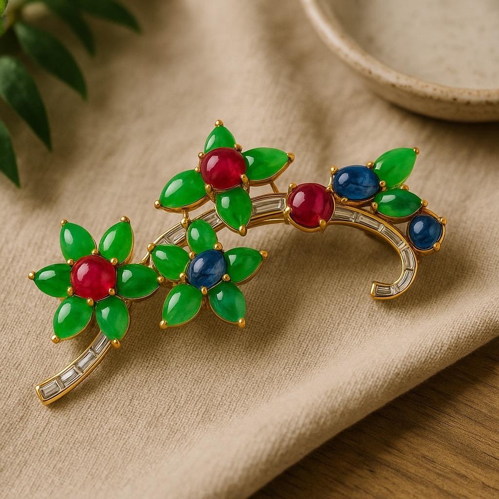 Rare Antique Platinum Floral Brooch Baguette Diamonds Jade Rubies and Sapphires For Sale 3