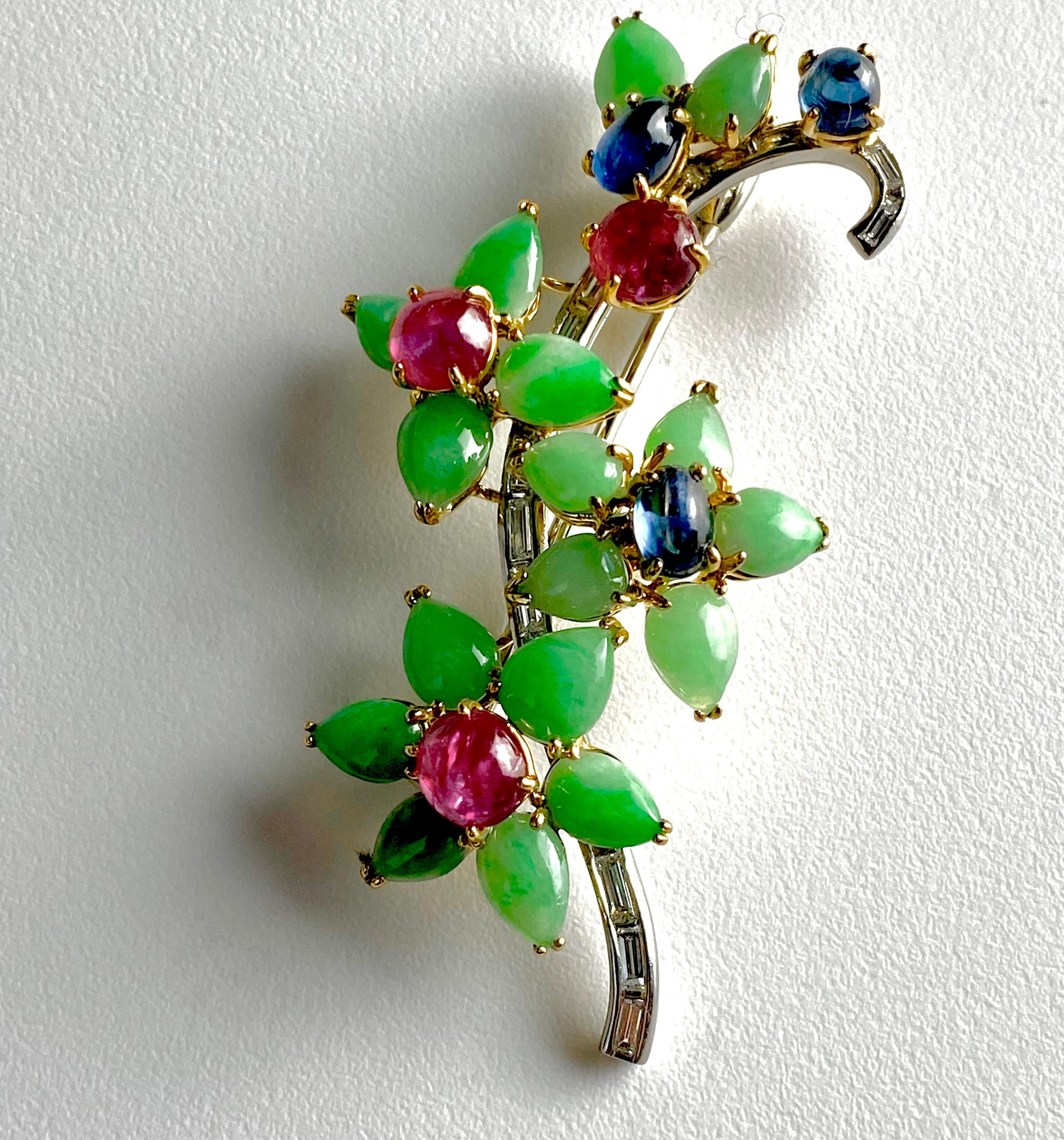 Rare Antique Platinum Floral Brooch Baguette Diamonds Jade Rubies and Sapphires For Sale 7