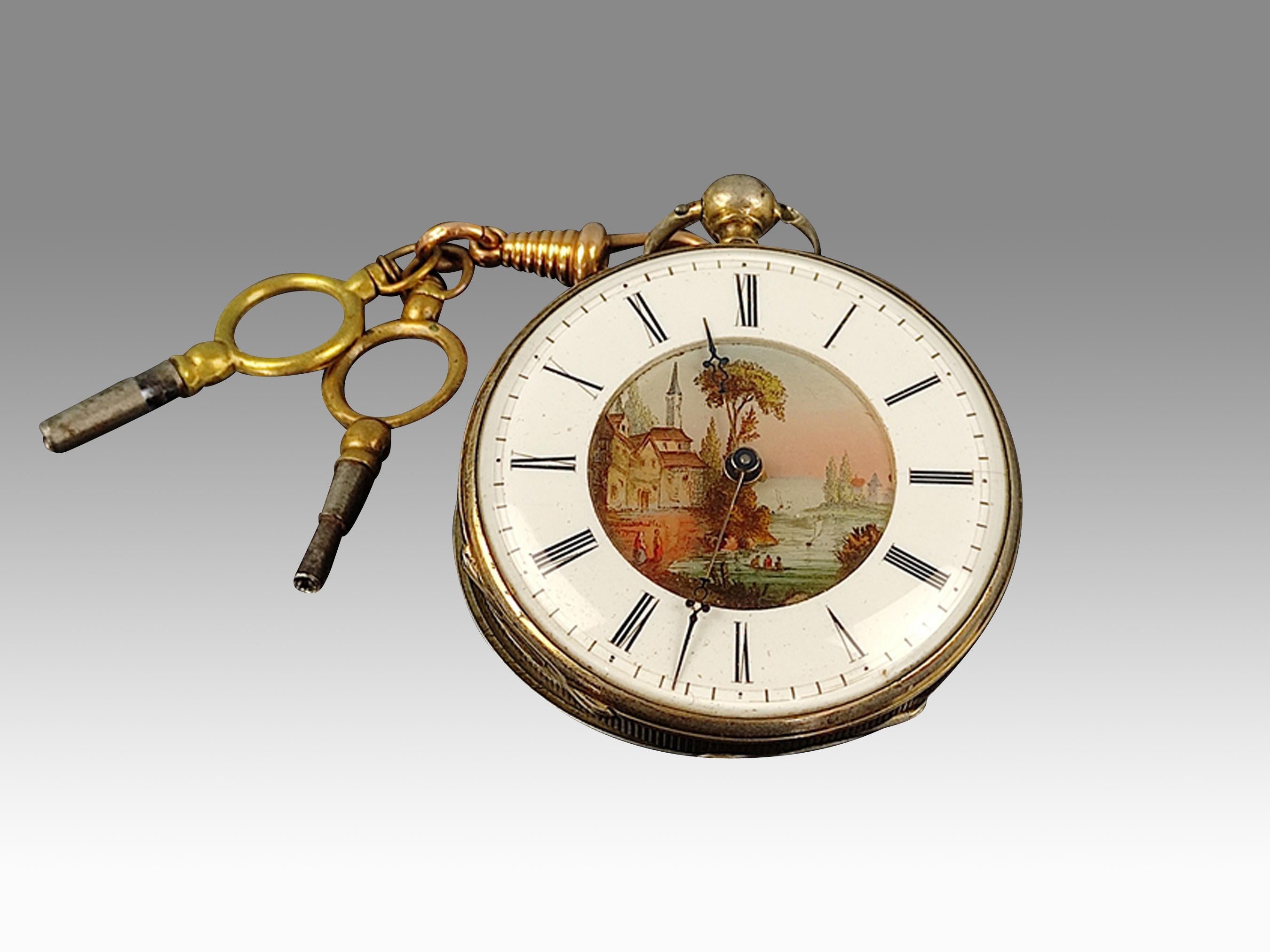 Rare Antique Pocket Key Watch French 1800s with Painted Enamel Dial For Sale 4