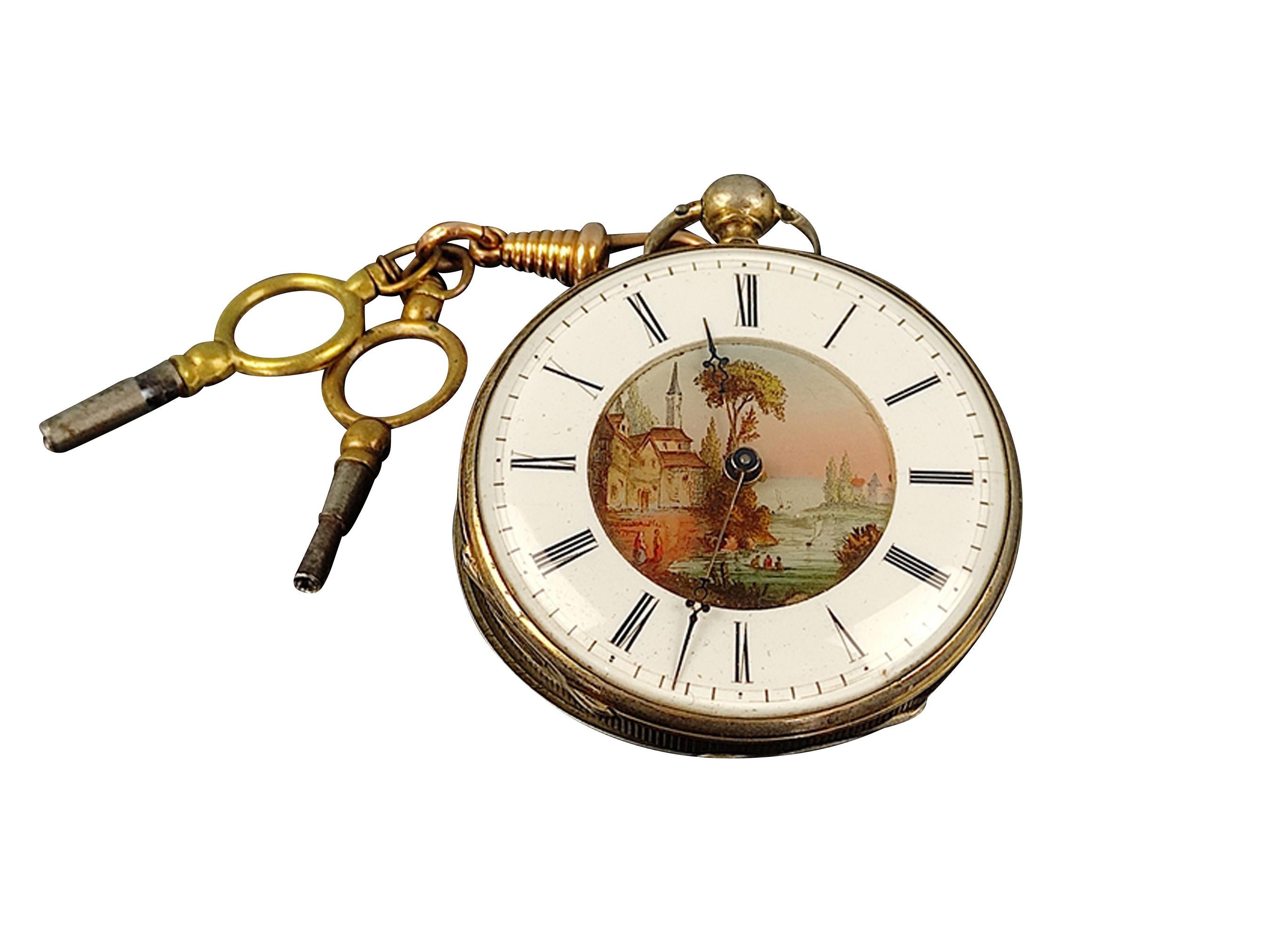 Rare Antique Pocket Key Watch French 1800s with Painted Enamel Dial For Sale 5