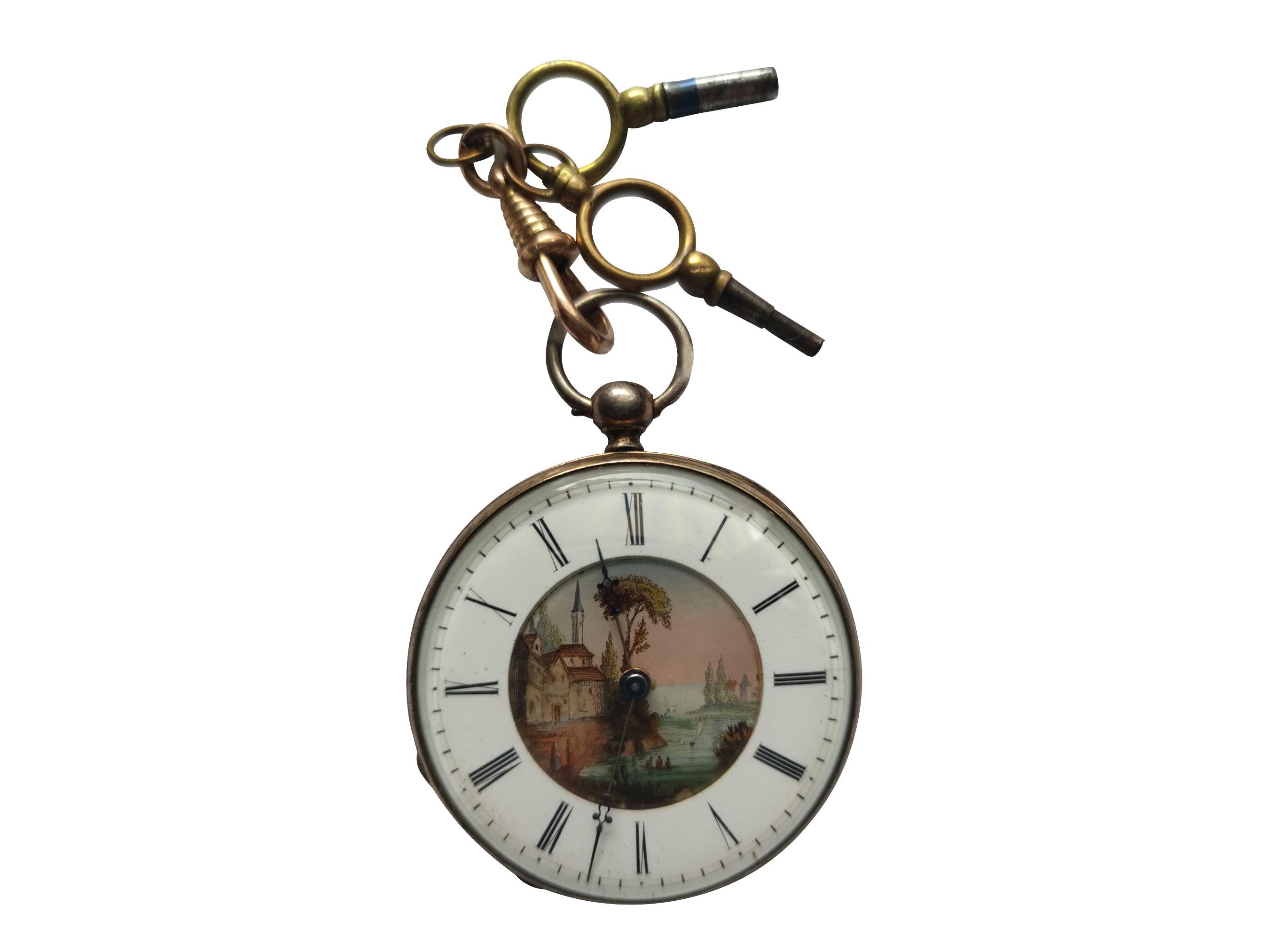 Rare Antique Pocket Key Watch French 1800s with Painted Enamel Dial For Sale 7