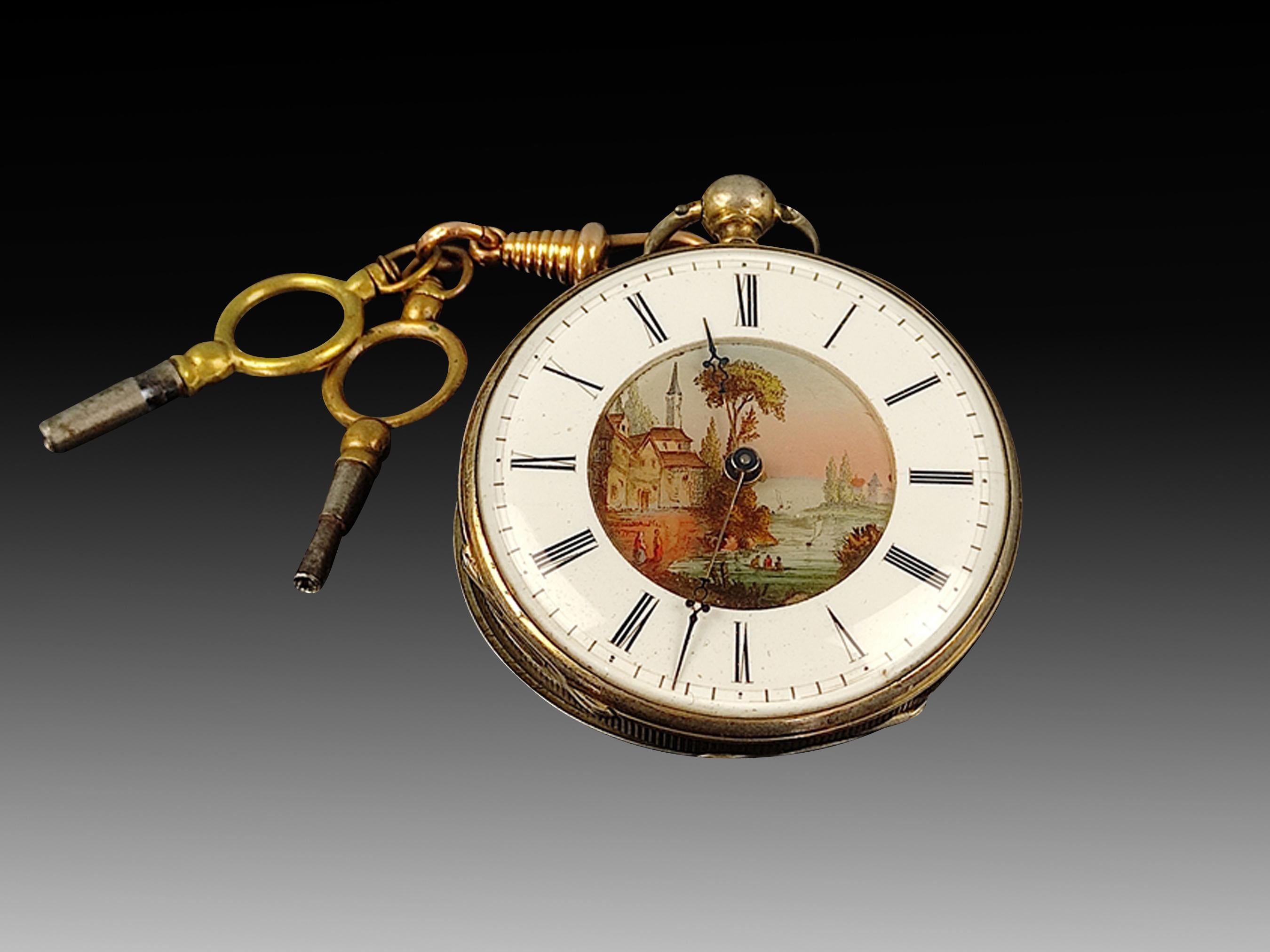 Rare Antique Pocket Key Watch French 1800s with Painted Enamel Dial in Working Order

An exceptional example of French craftwork estimated from the mid-1800s with delicate enamel painting on the dial and bespoke Roman numerals. 
 
Pocket watches