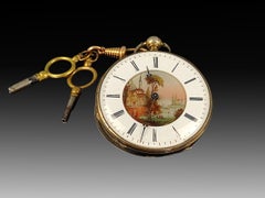 Rare Antique Pocket Key Watch French 1800s with Painted Enamel Dial