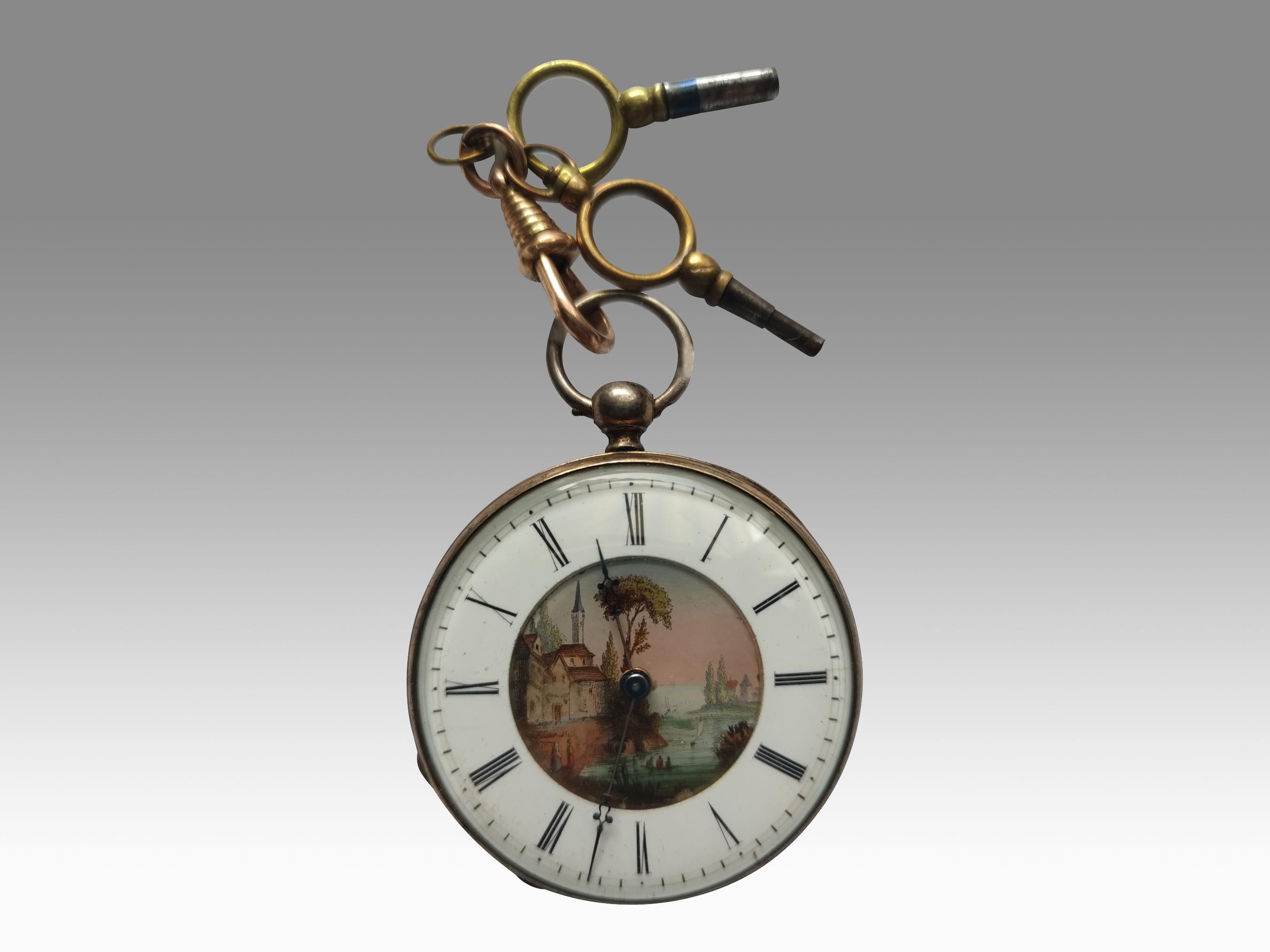 Rare Antique Pocket Key Watch French 1800s with Painted Enamel Dial For Sale 12