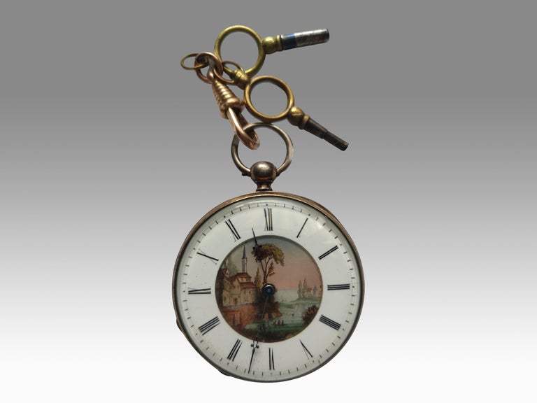 Montre De Poche Vintage Thème Automobile - Émail Gaz/huile/chemin De Fer - Avec Chaîne Porte-boue - Occasion
